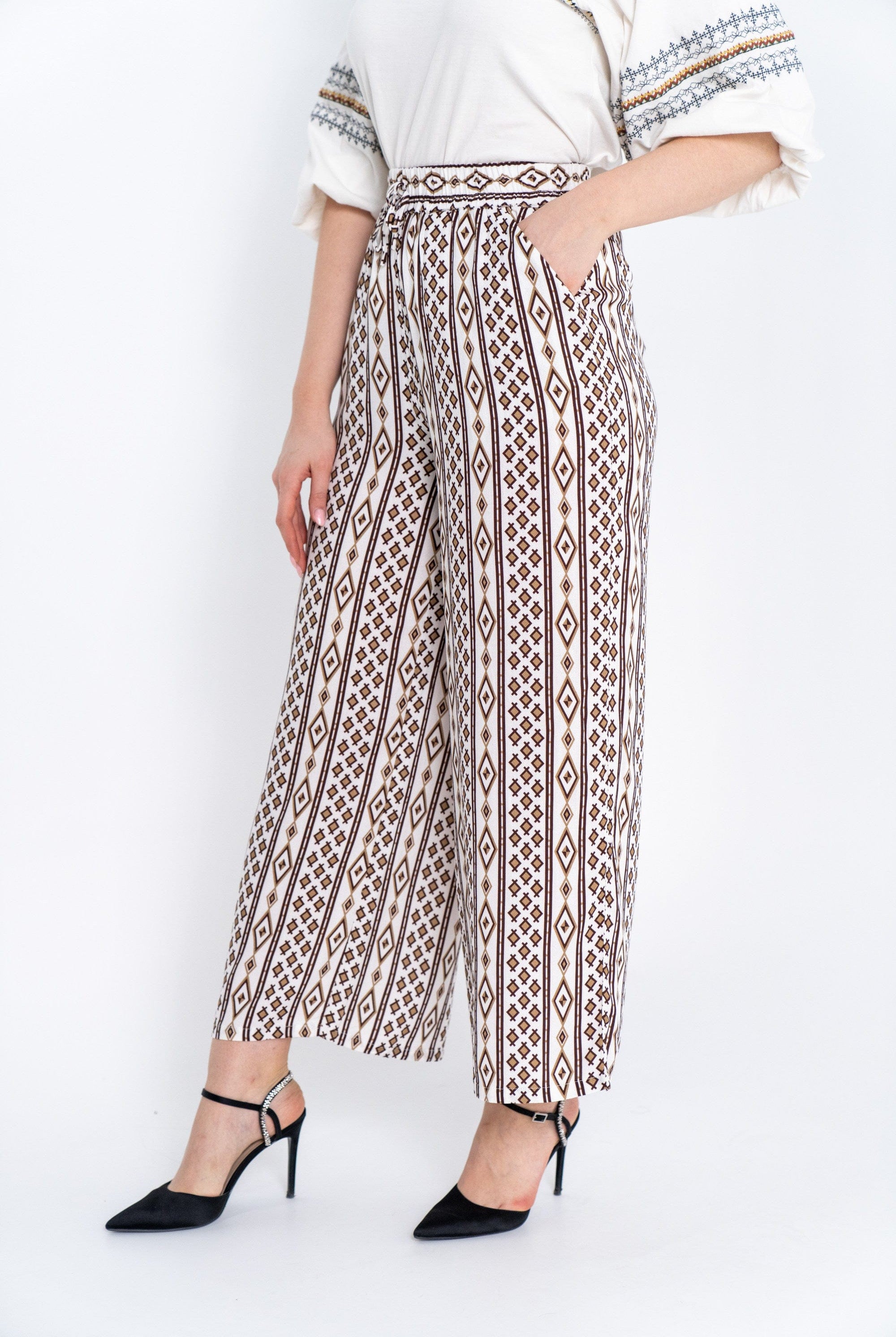 داليدرس بنطلون نسائي فضفاض هاي ويست منقوش بيج فاتح