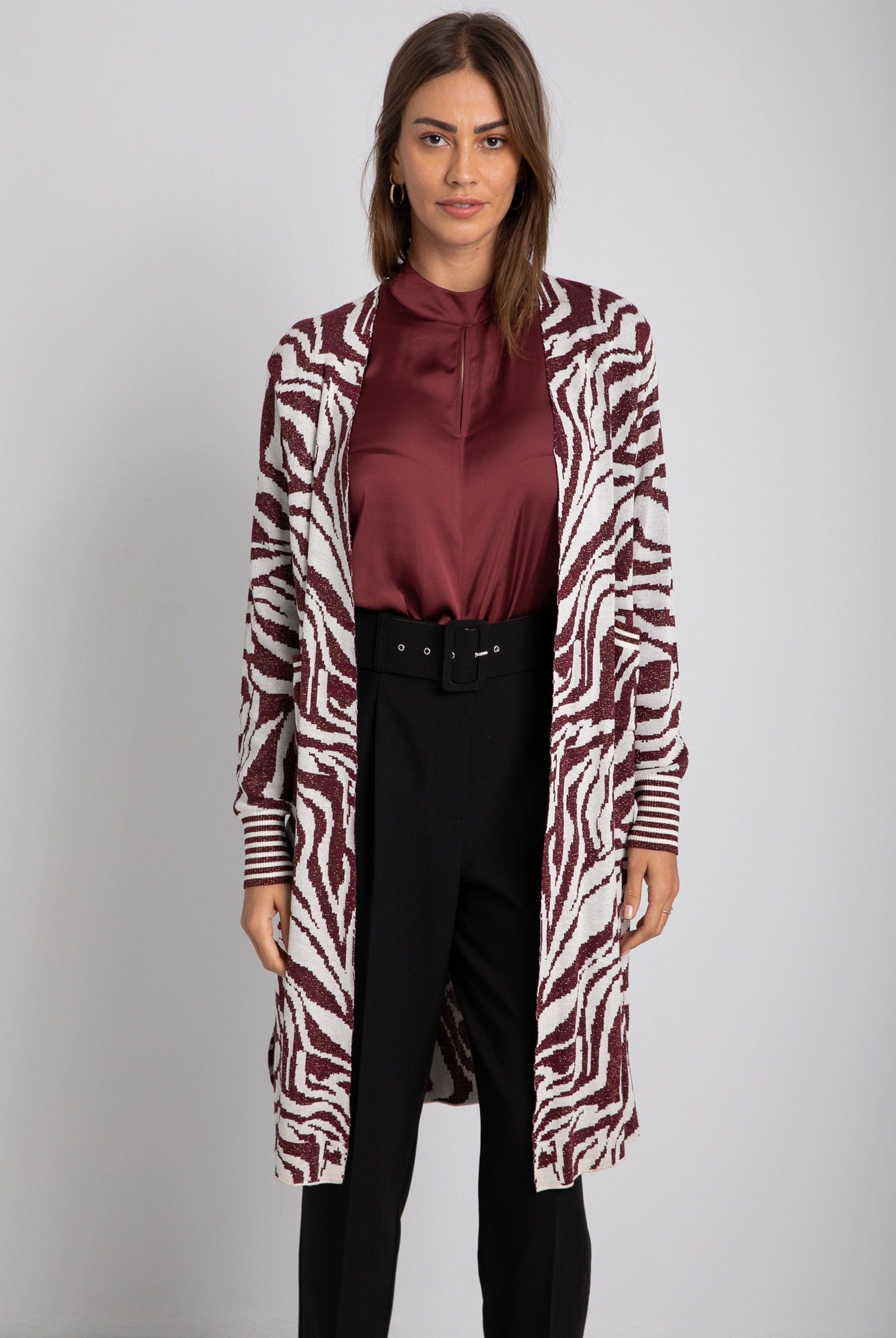 داليدرس كارديجان منقوش كم طويل بأساور نسائي بورغندي/أبيض