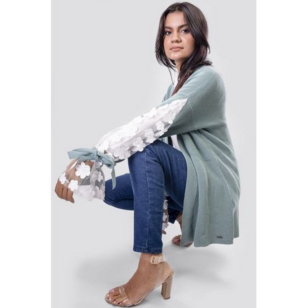 داليدرس كارديجان سادة شفاف مزين بالورود كم طويل نسائي