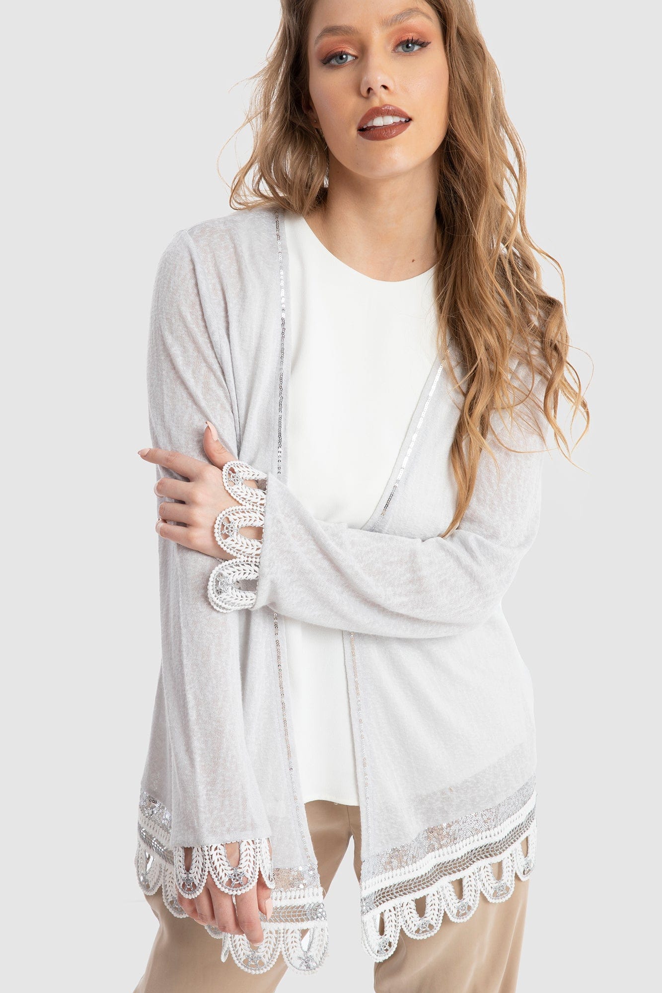 داليدرس كارديجان سادة واسعة كم طويل مزين لامع نسائي أزرق فاتح