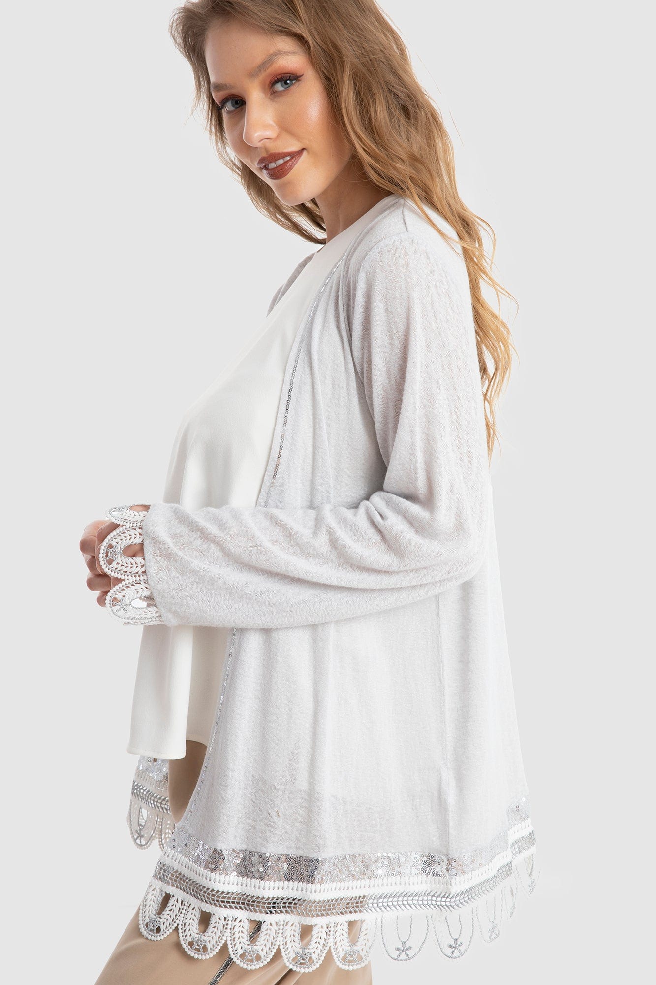 داليدرس كارديجان سادة واسعة كم طويل مزين لامع نسائي أزرق فاتح