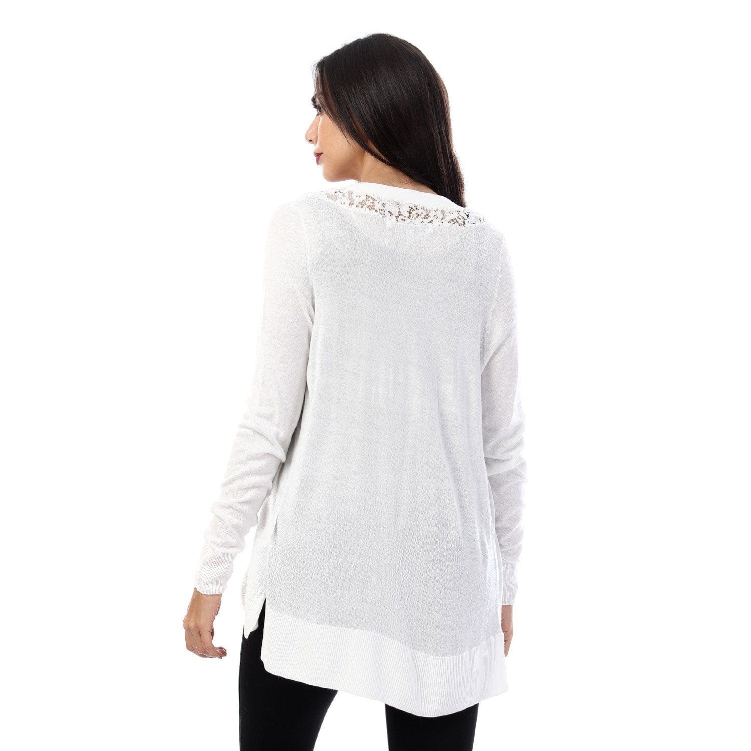 داليدرس كارديجان سادة بأزرار أمامية كتف دانتيل كم طويل أوف وايت