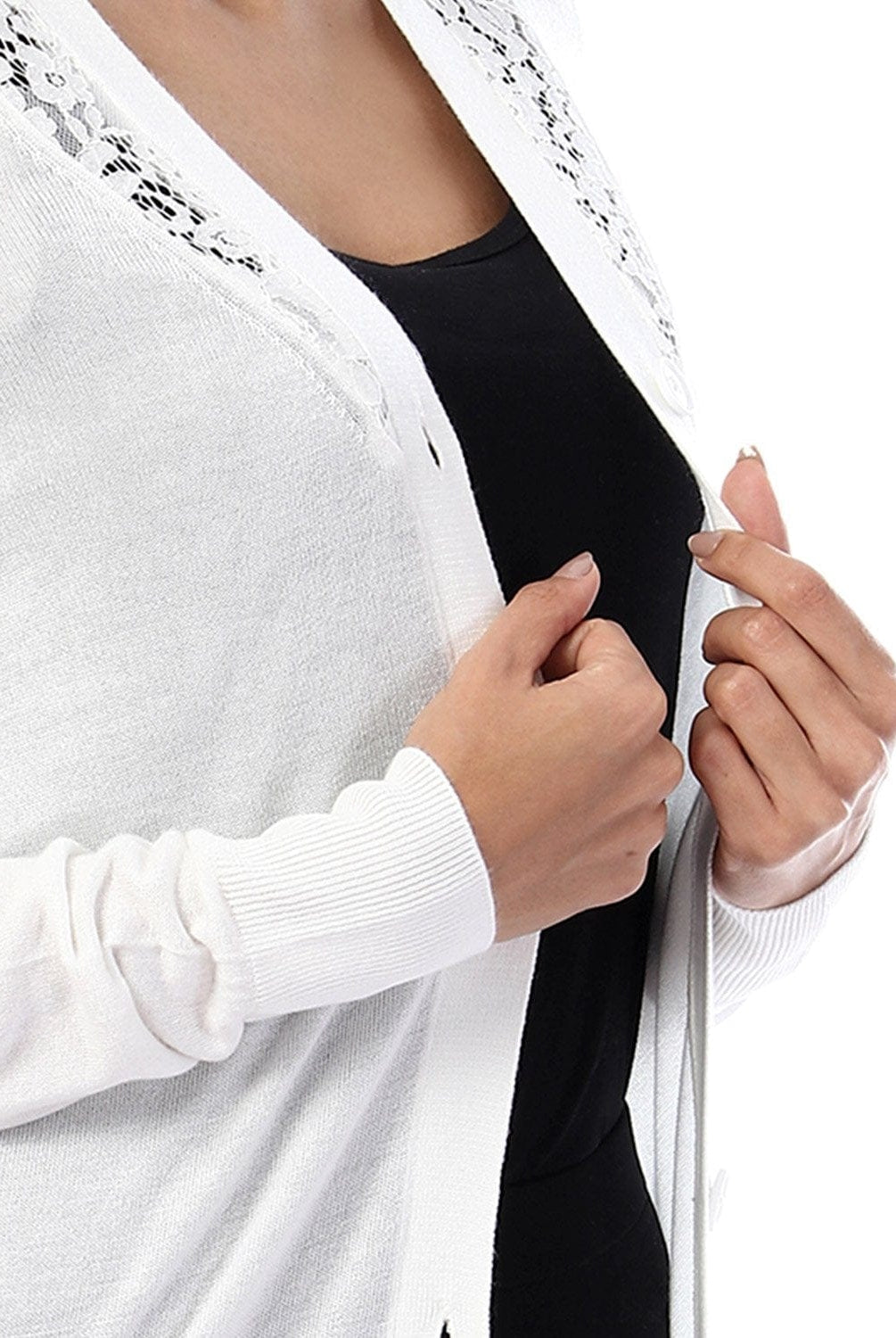 داليدرس كارديجان سادة بأزرار أمامية كتف دانتيل كم طويل أوف وايت