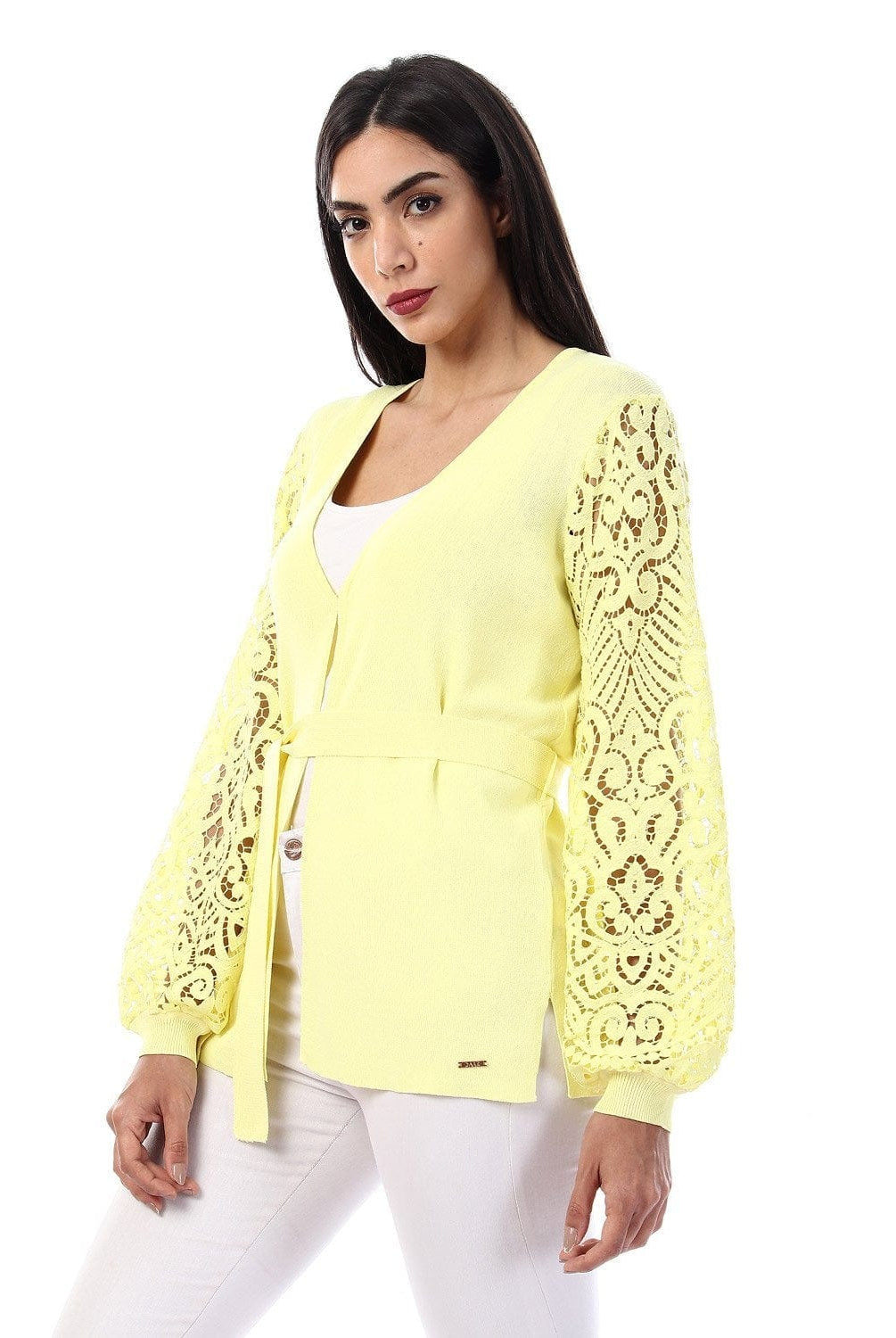 داليدرس كارديجان سادة كم طويل شفاف برباط على الخصر