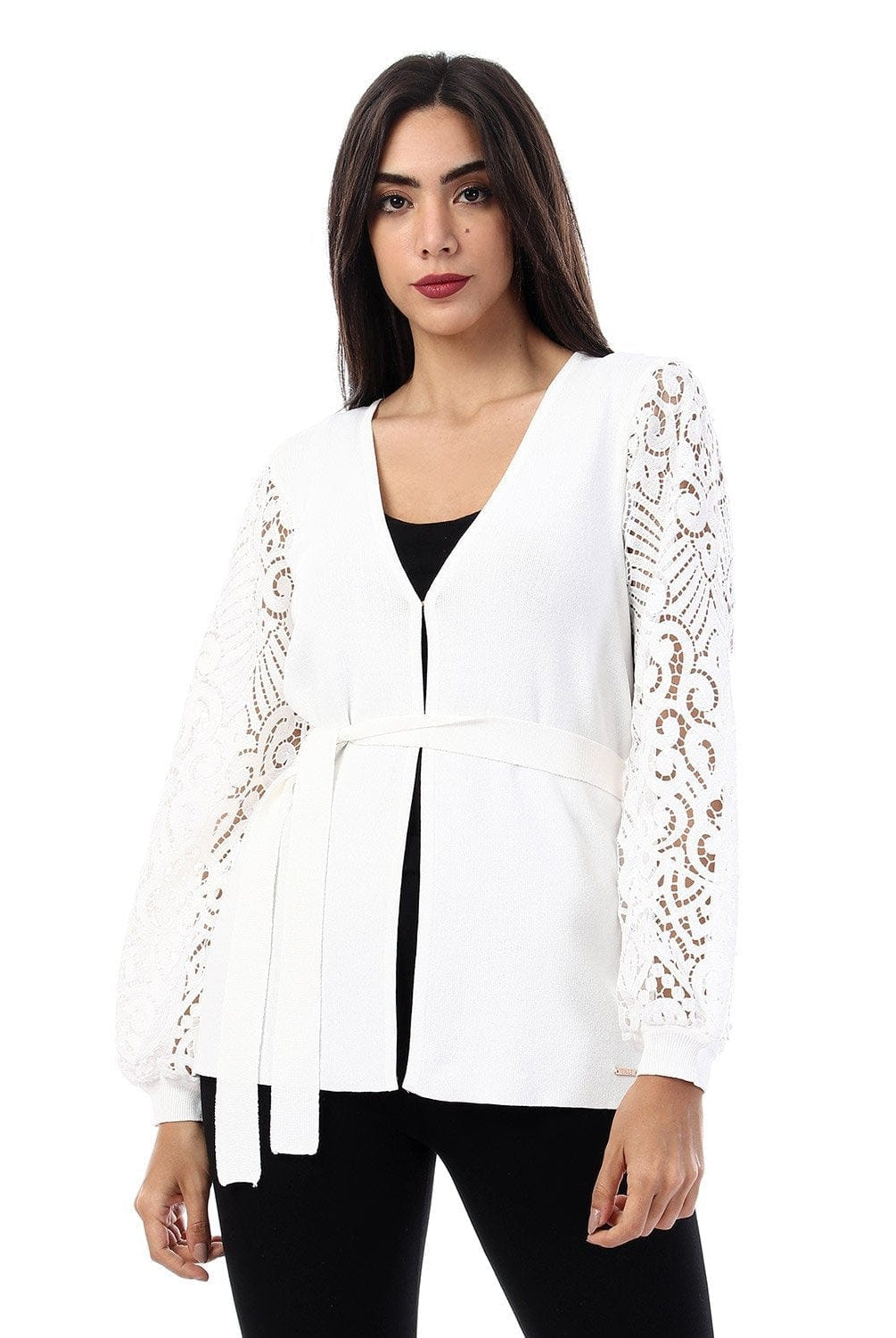 داليدرس كارديجان سادة كم طويل شفاف برباط على الخصر