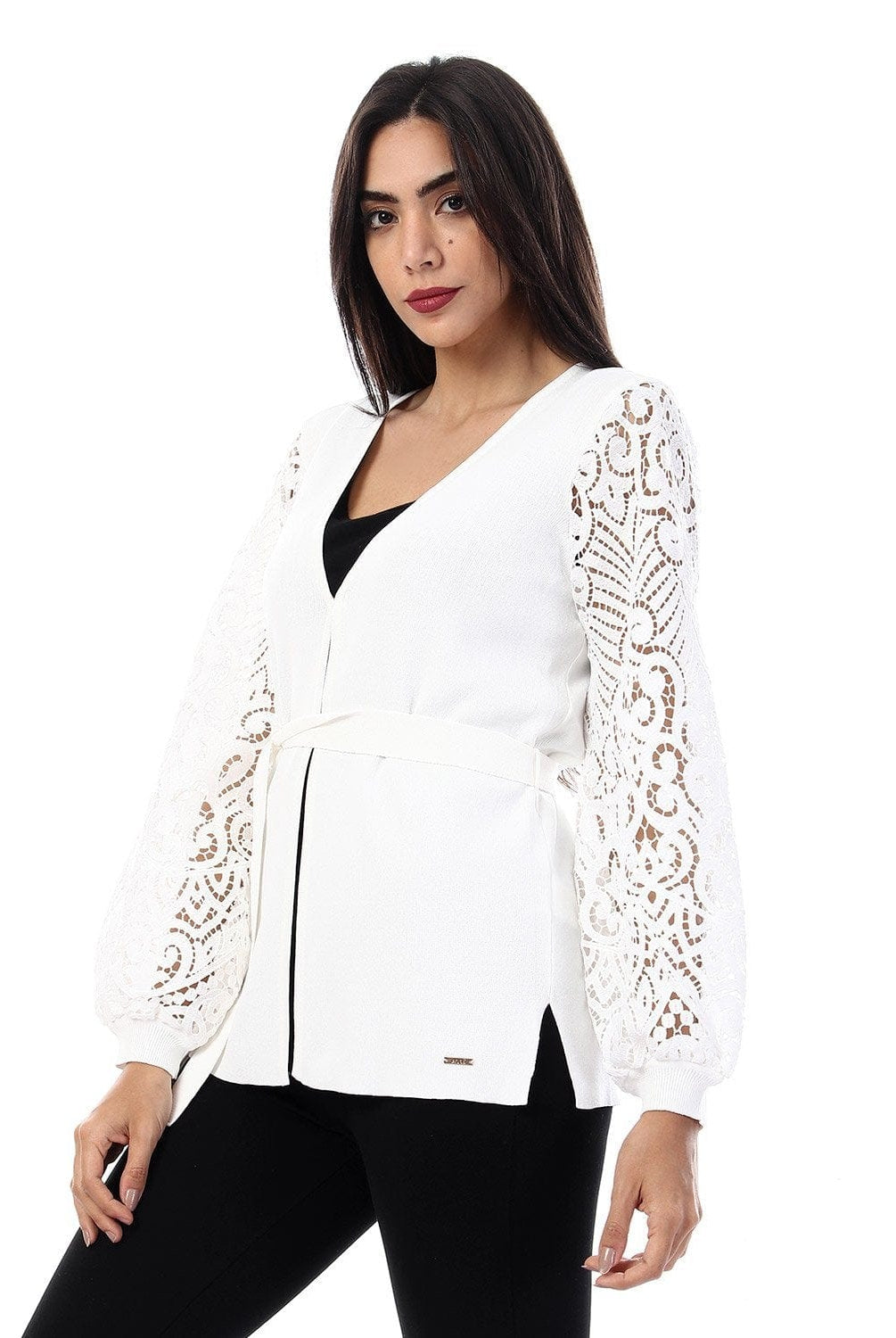 داليدرس كارديجان سادة كم طويل شفاف برباط على الخصر