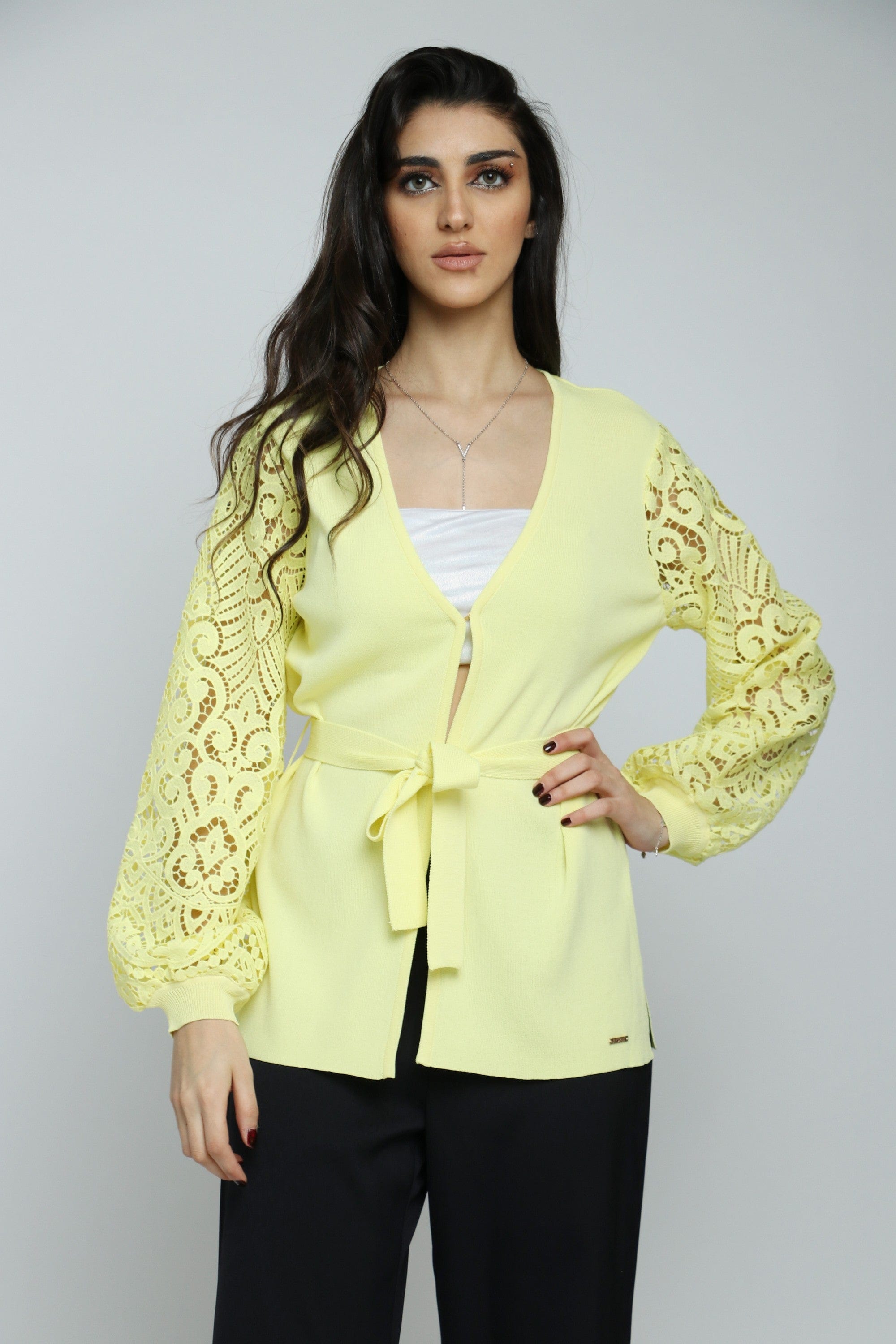 داليدرس كارديجان سادة كم طويل شفاف برباط على الخصر