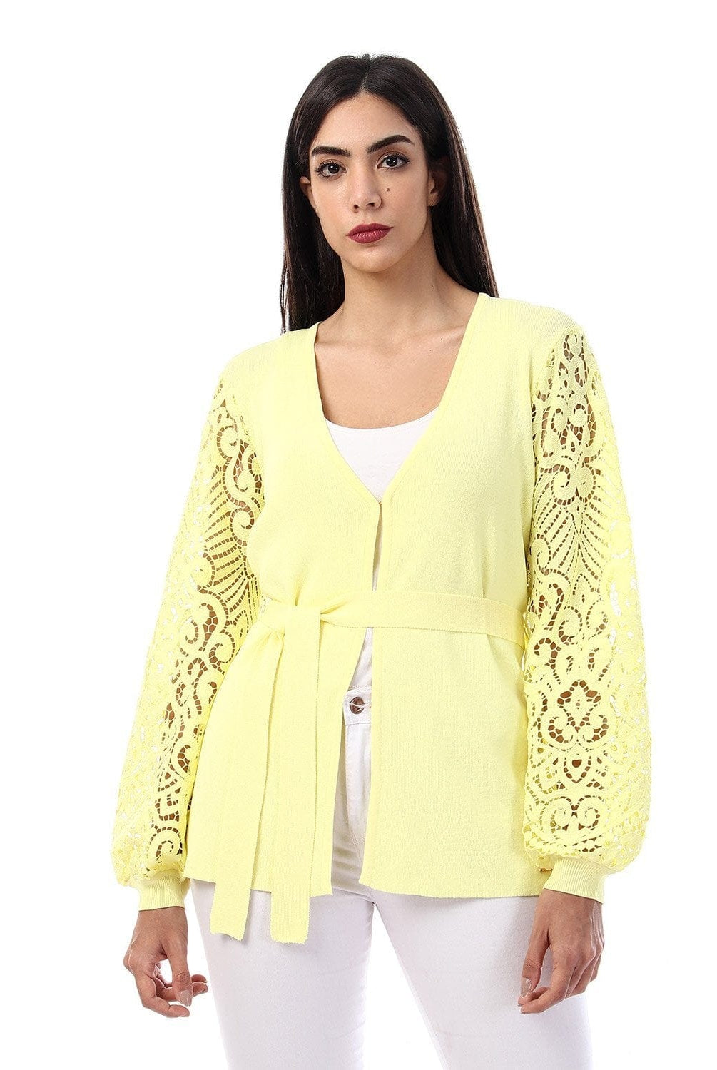 داليدرس كارديجان سادة كم طويل شفاف برباط على الخصر