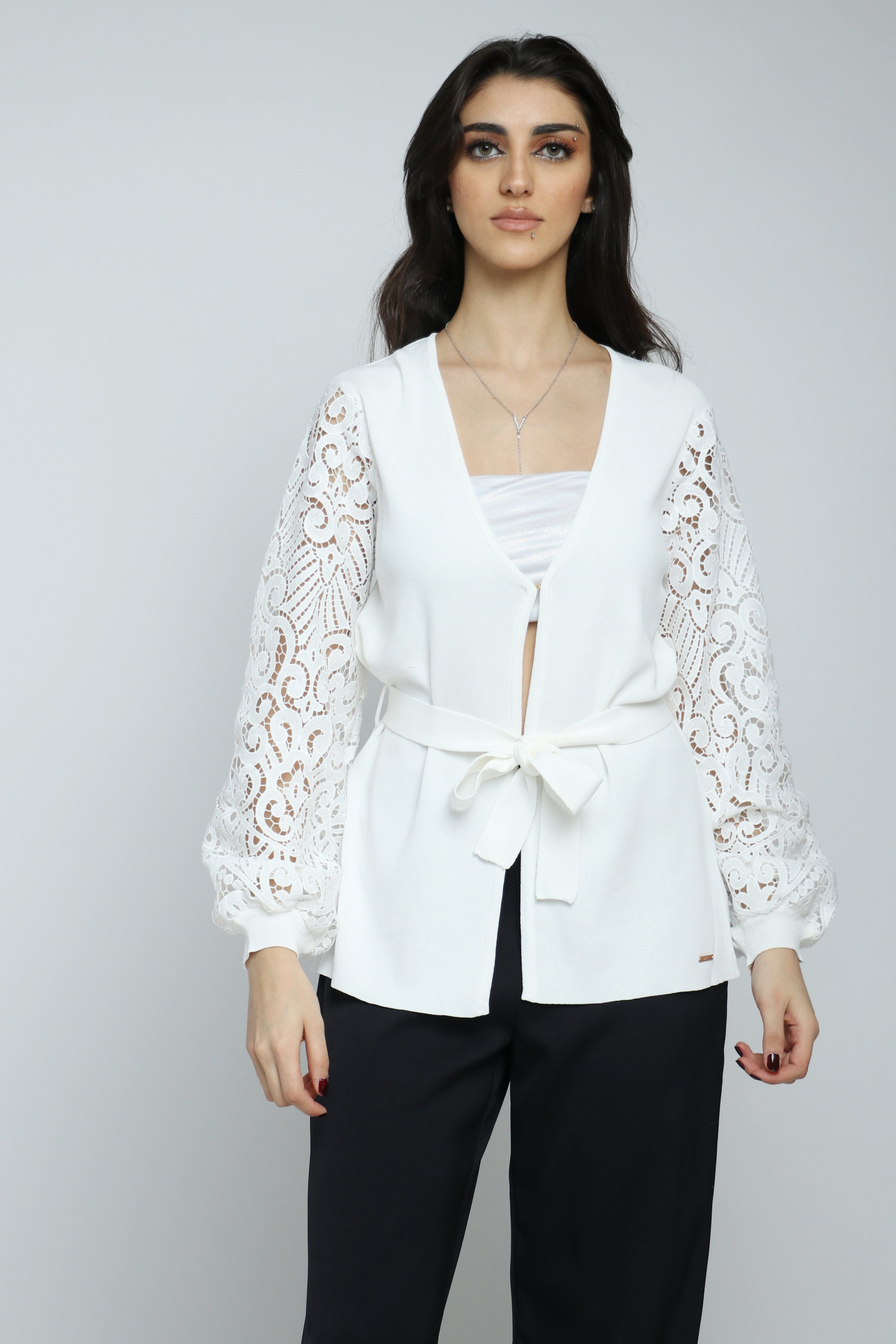 داليدرس كارديجان سادة كم طويل شفاف برباط على الخصر