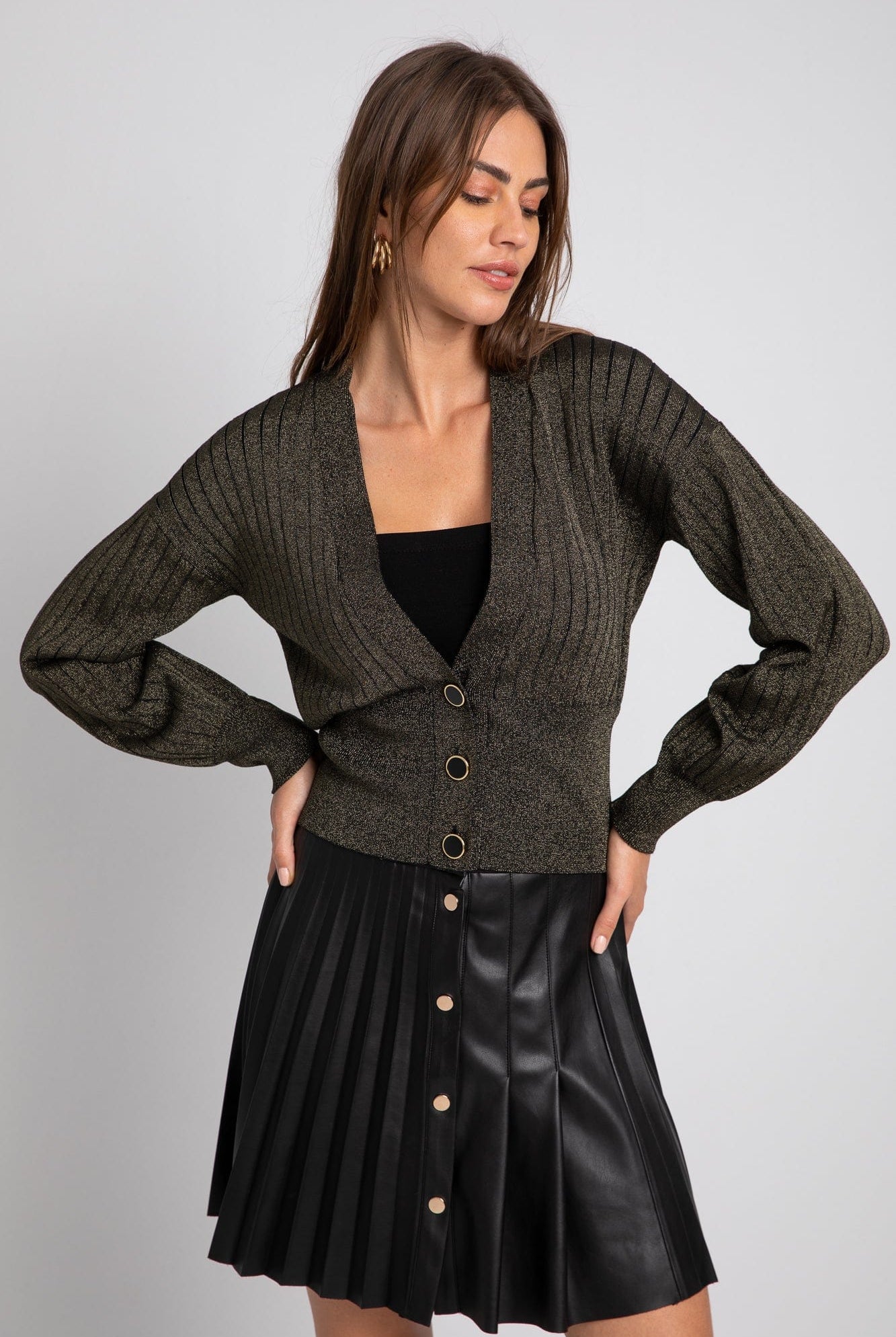 داليدرس كارديجان بأزرار أمامية مفتوحة كم طويل نسائي أسود/ذهبي