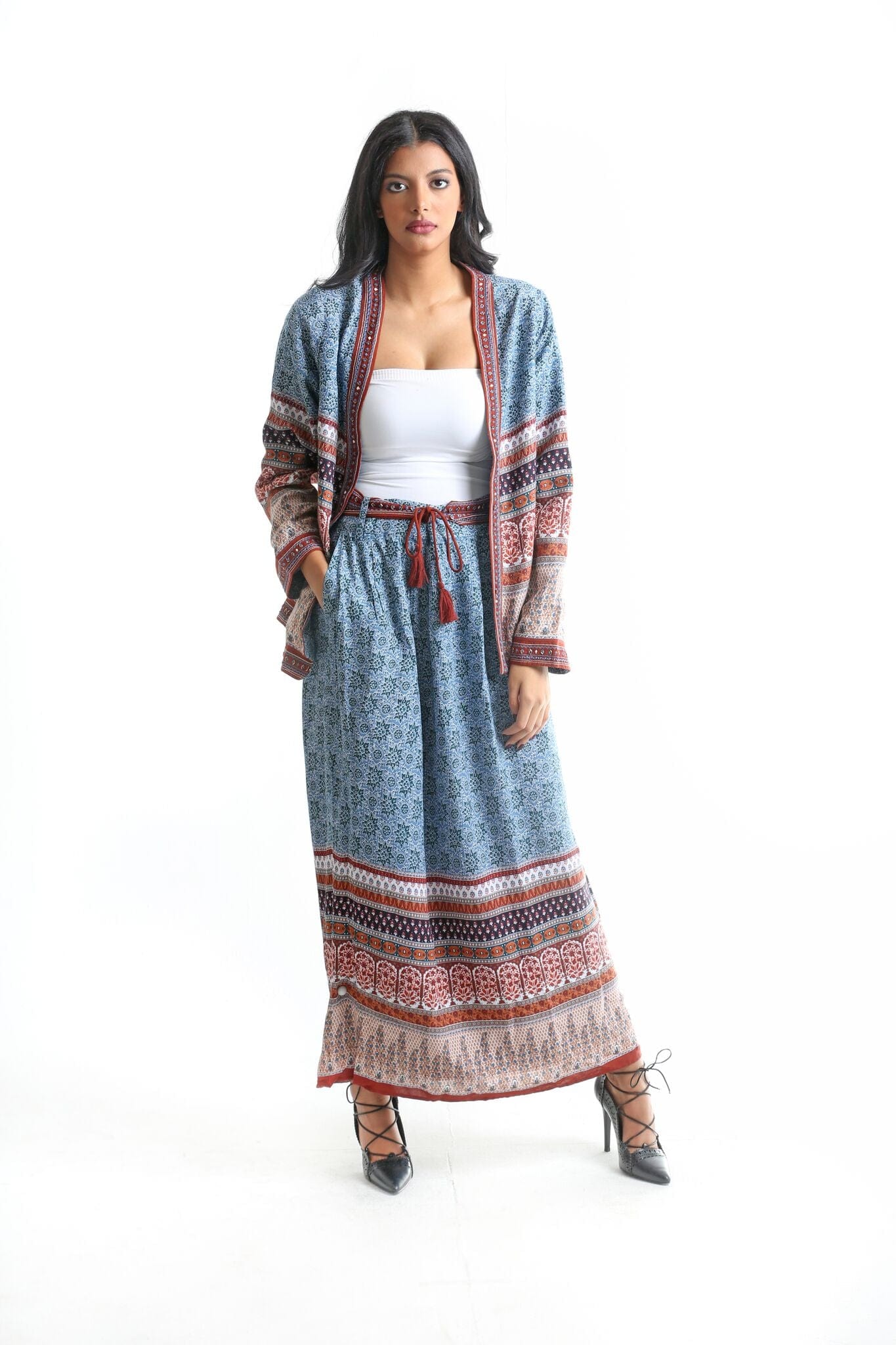 داليدرس جاكيت منقوش طويل كم طويل نسائي أزرق