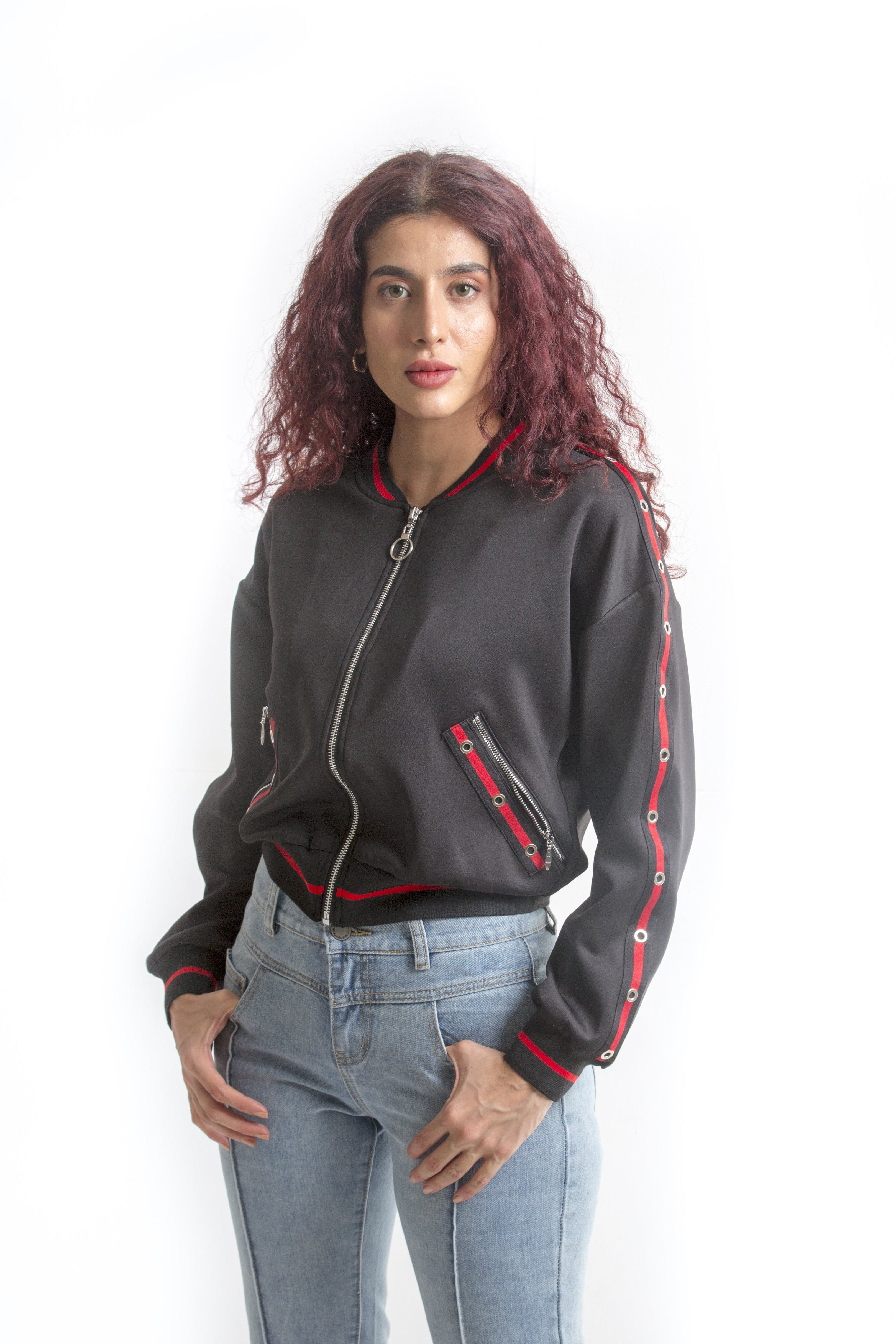 كيتشن جاكيت بكم طويل سادة بسحاب منقوش أسود