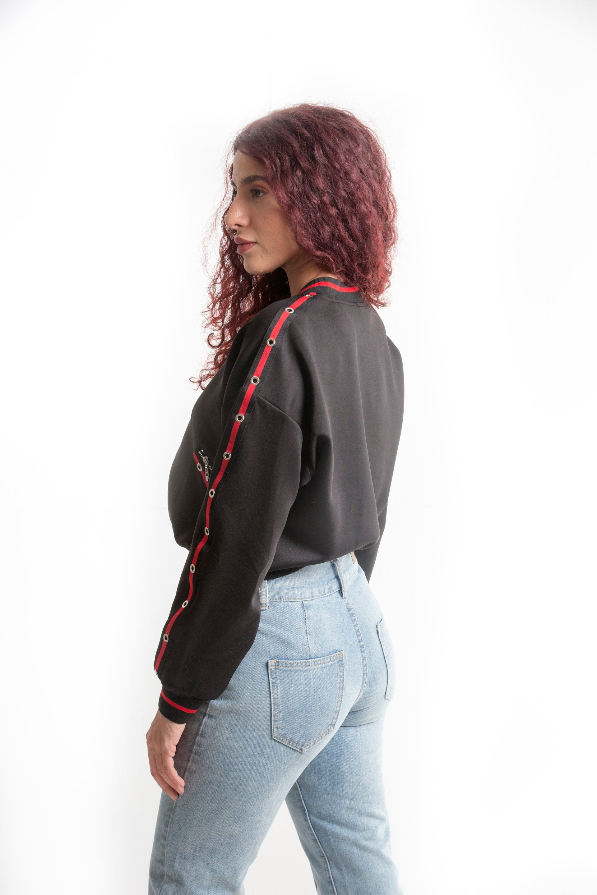 كيتشن جاكيت بكم طويل سادة بسحاب منقوش أسود