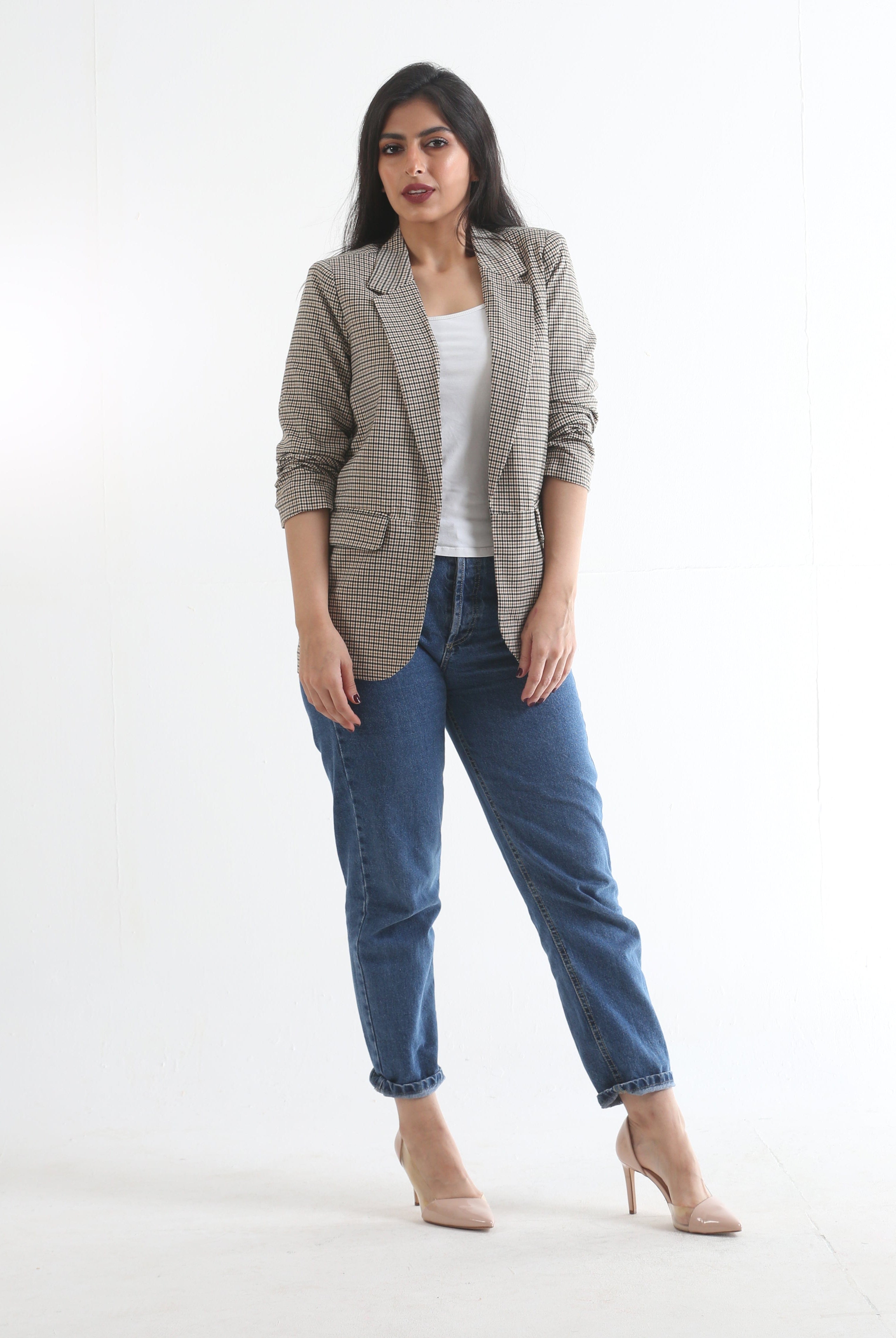 نتشي سترة مربعات رسمي بأكمام طويلة موكا بني