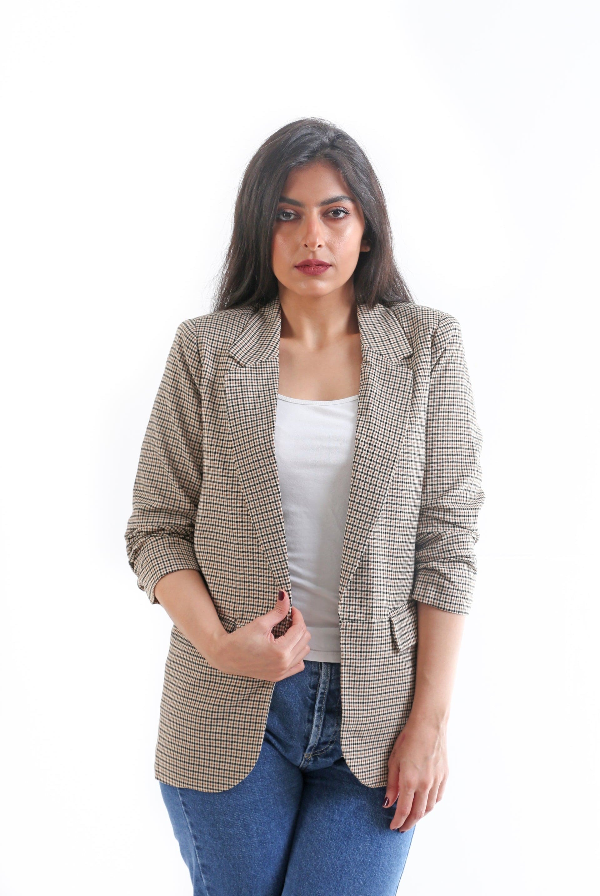 نتشي سترة مربعات رسمي بأكمام طويلة موكا بني