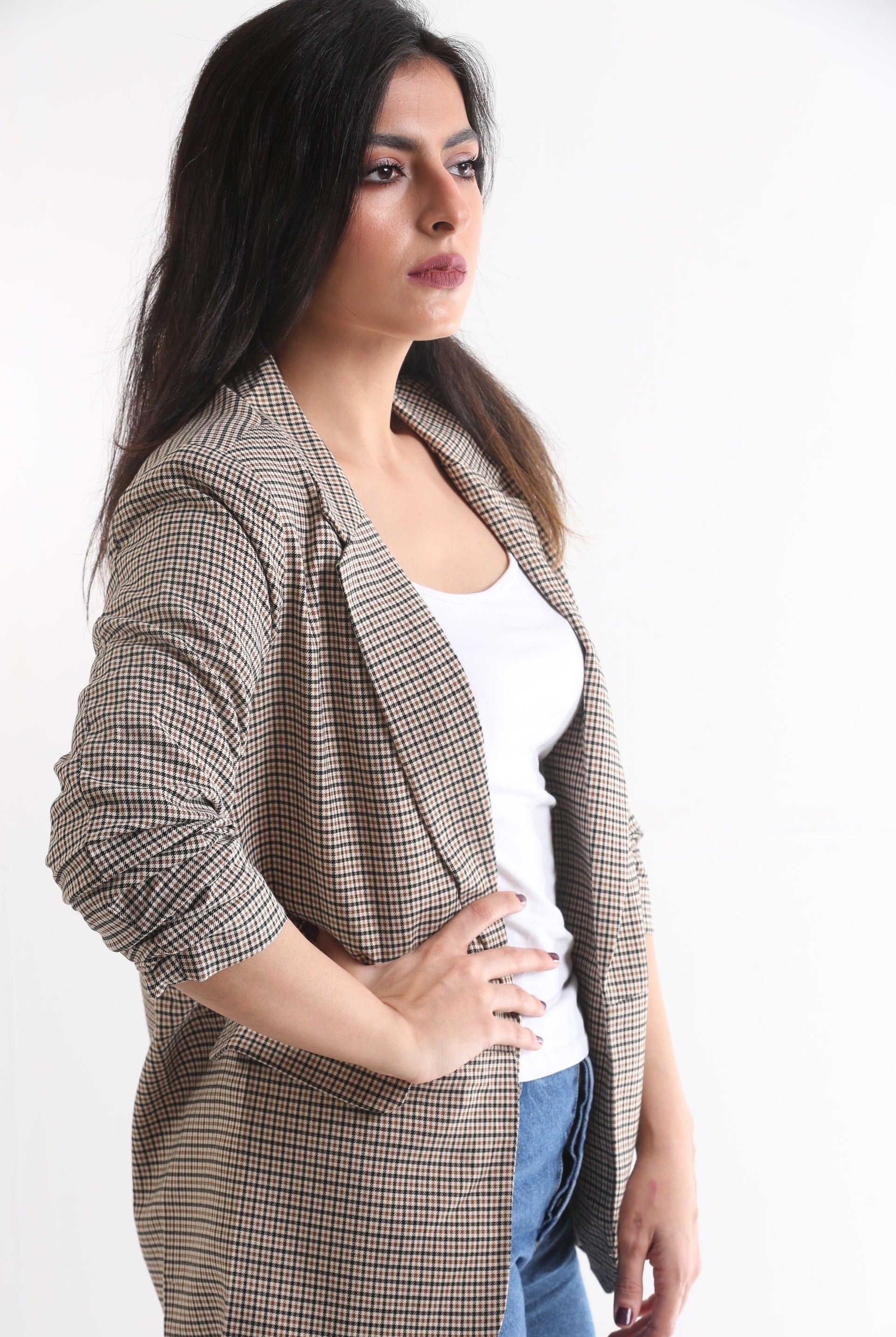 سترة مربعات رسمي بأكمام طويلة