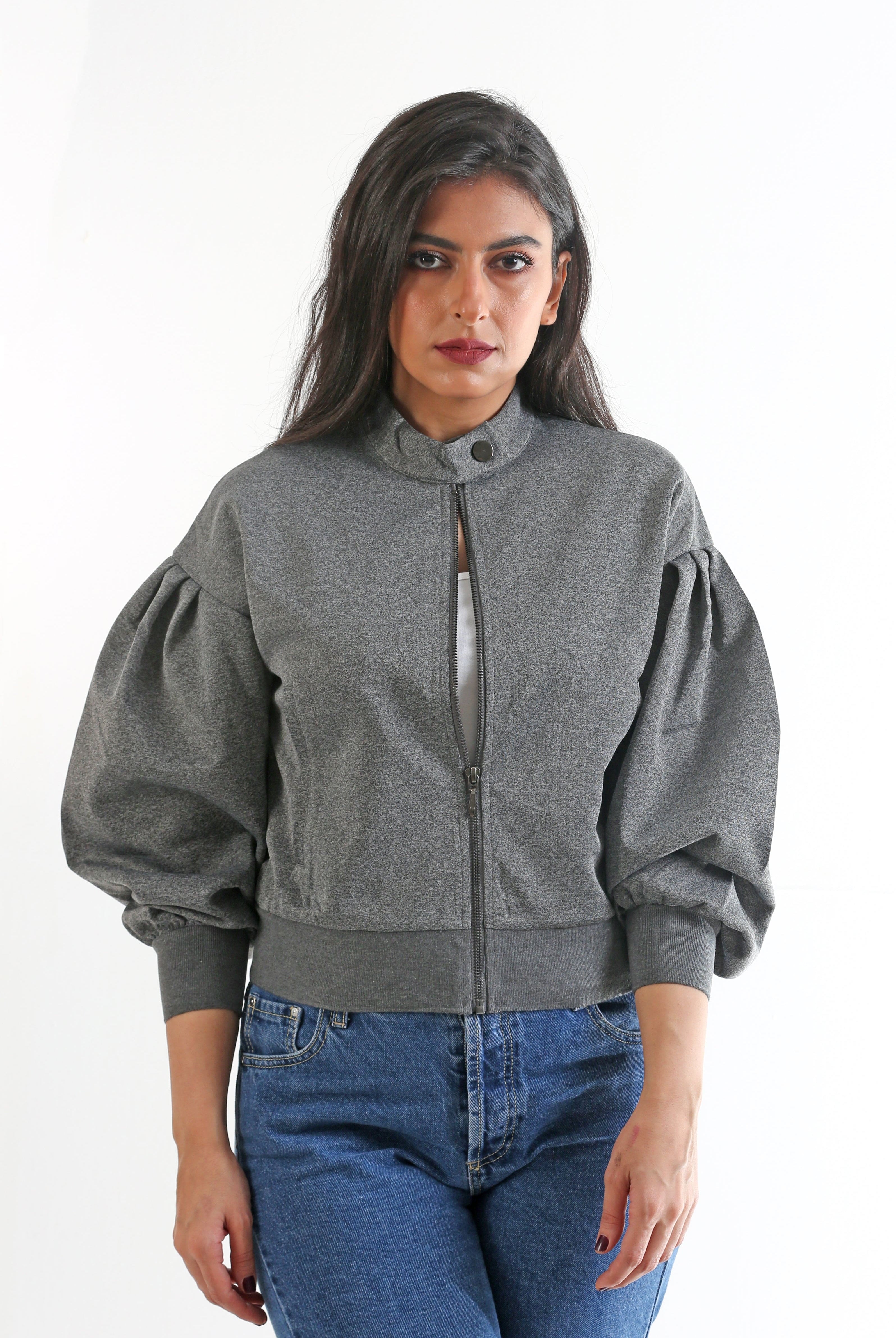 نتشي سترة سادة بسحاب بأكمام طويلة بف