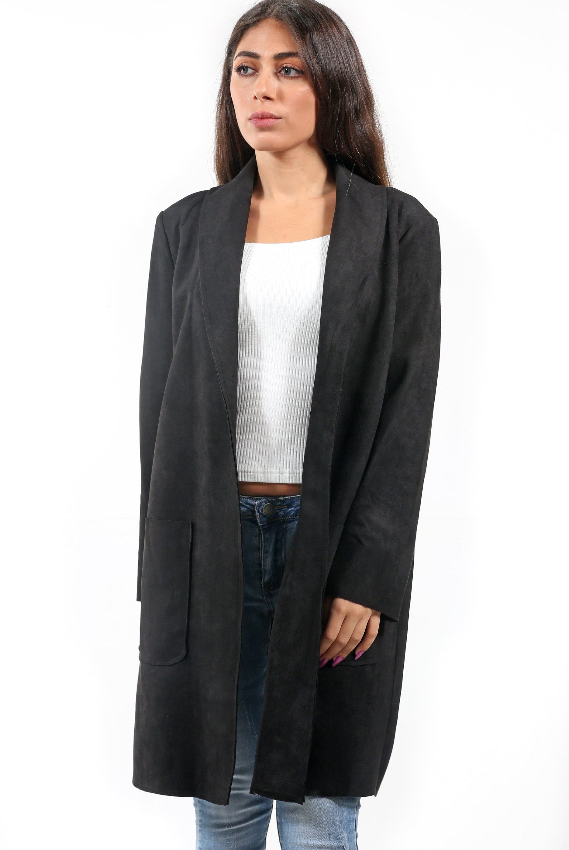 نتشي سترة سادة طويلة مفتوحة بأكمام طويلة