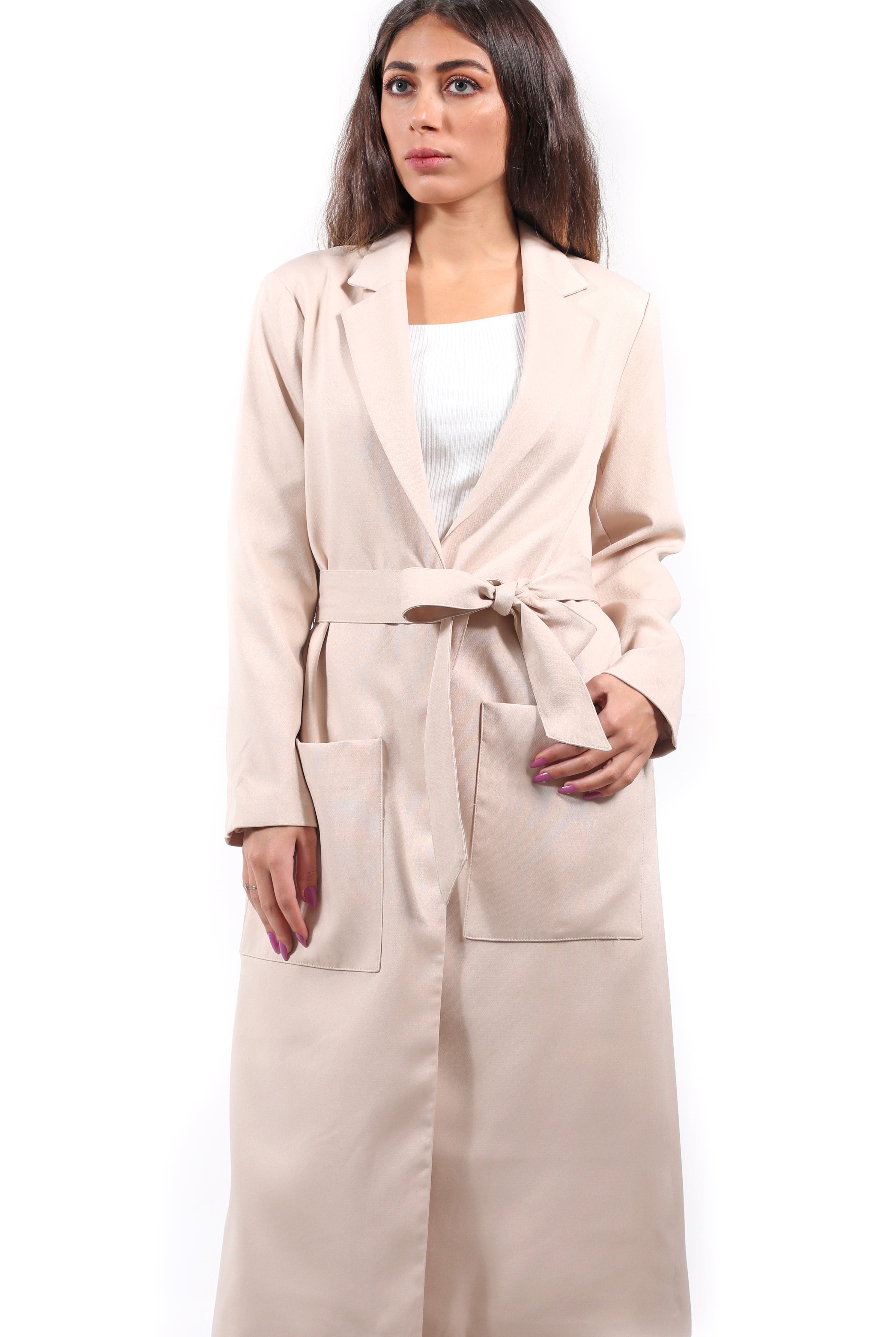 نتشي سترة سادة طويلة جيوب كبيرة وبرباط بأكمام طويلة