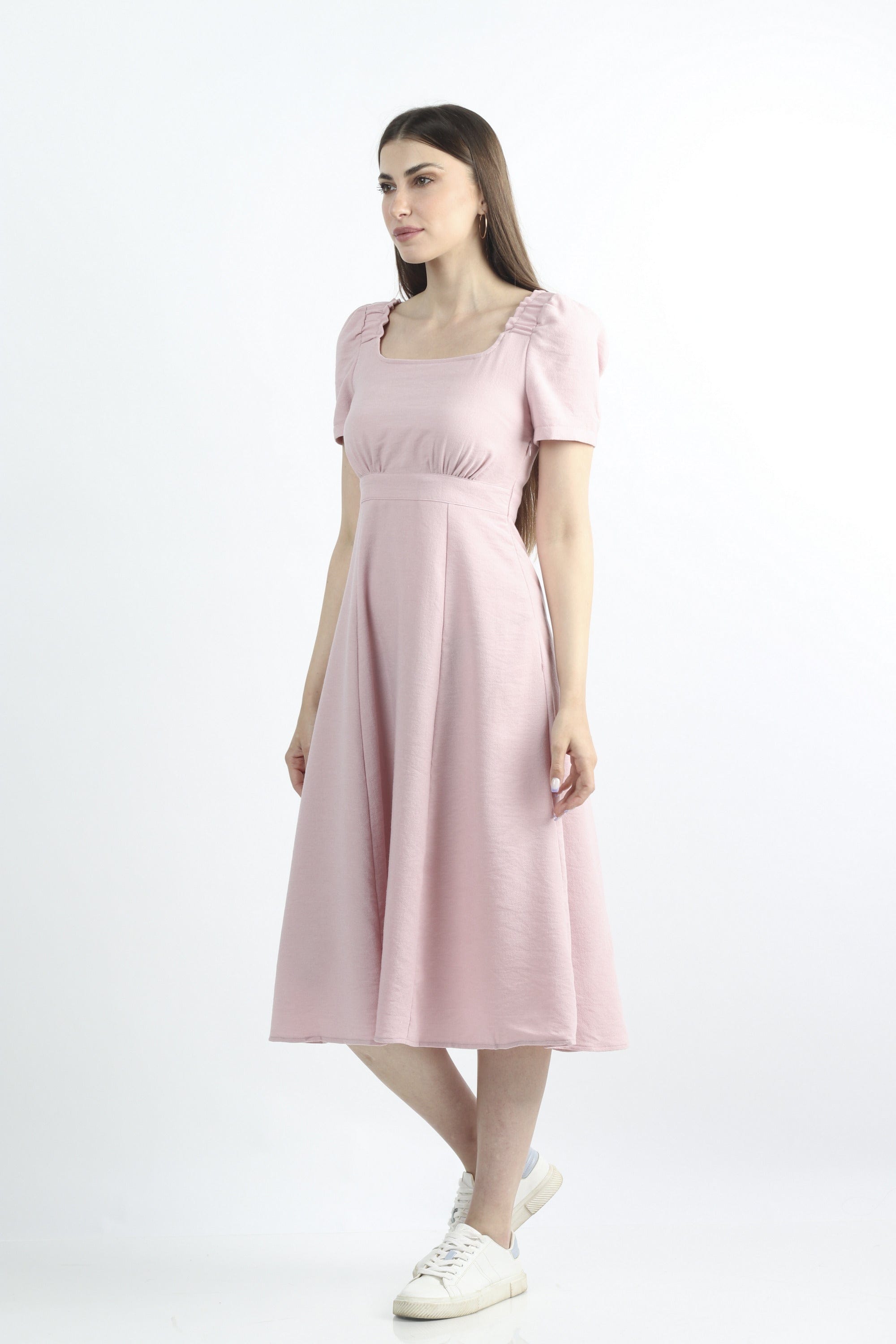 كيتشن فستان ميدي سادة مخصر نص كم بف