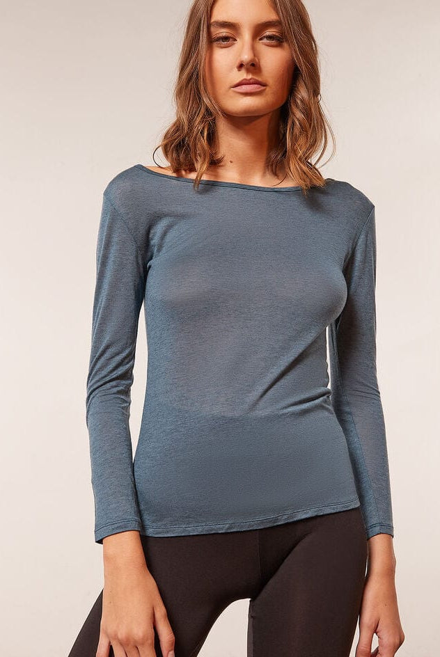 اتام توب بيجامة سادة كم طويل نسائي