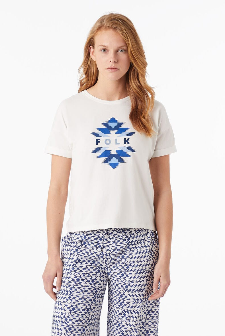 اتام تيشيرت بطبعة على الصدر نسائي بيج فاتح