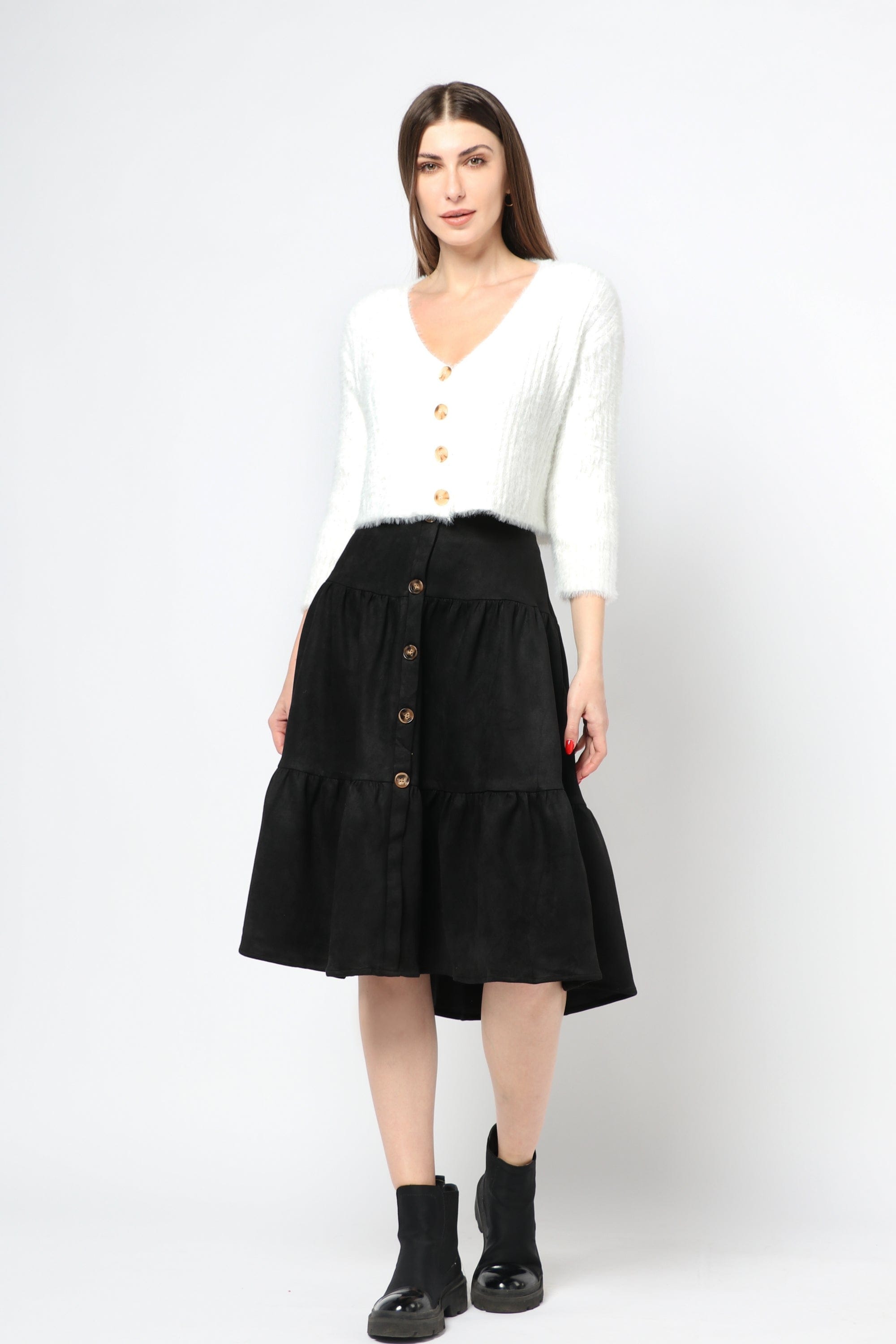 كيتشن جيبة ميدي خصر مرتفع بأزرار أمامية أسود