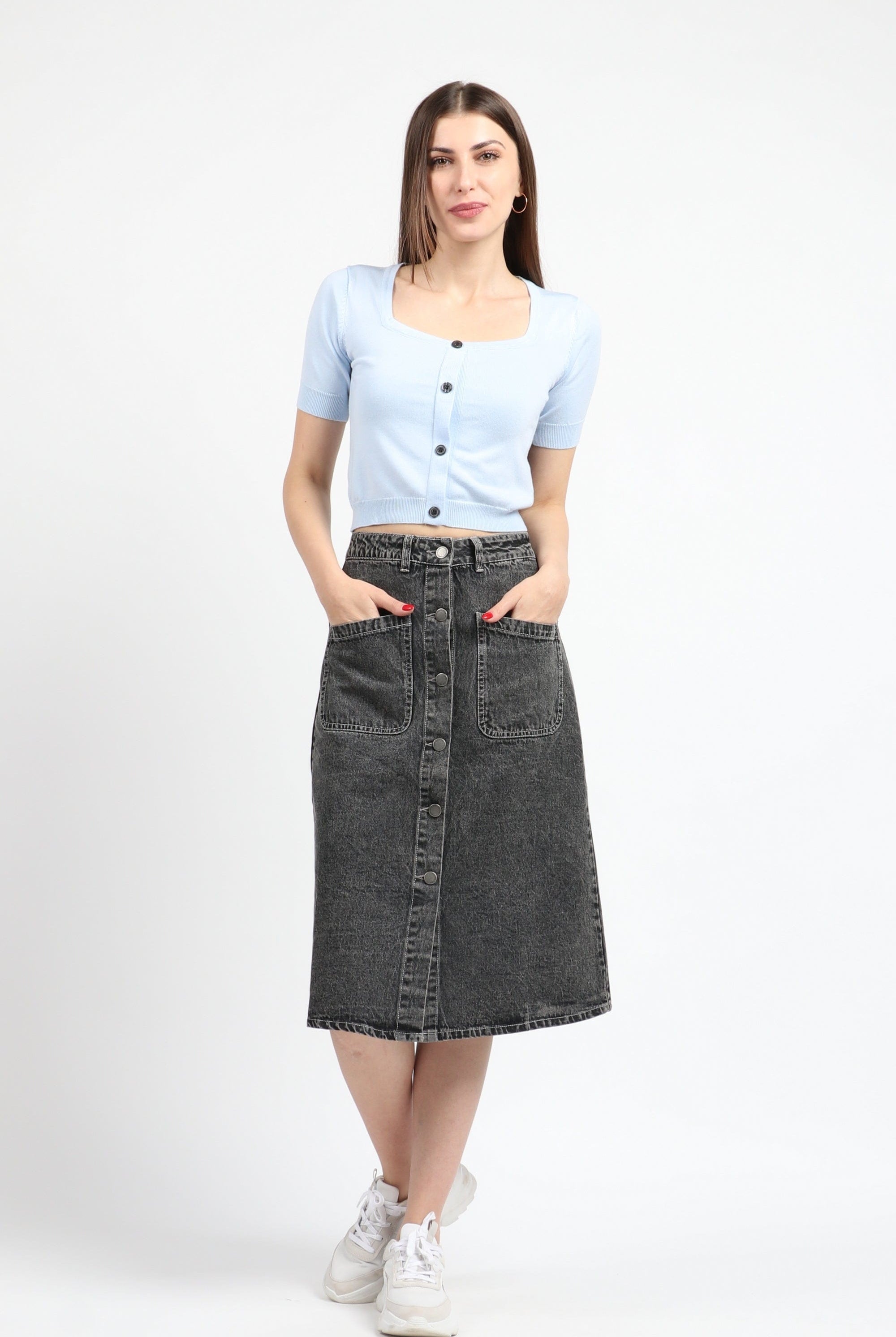 كيتشن تنورة ميدي جينز بجيوب أمامية وأزرار