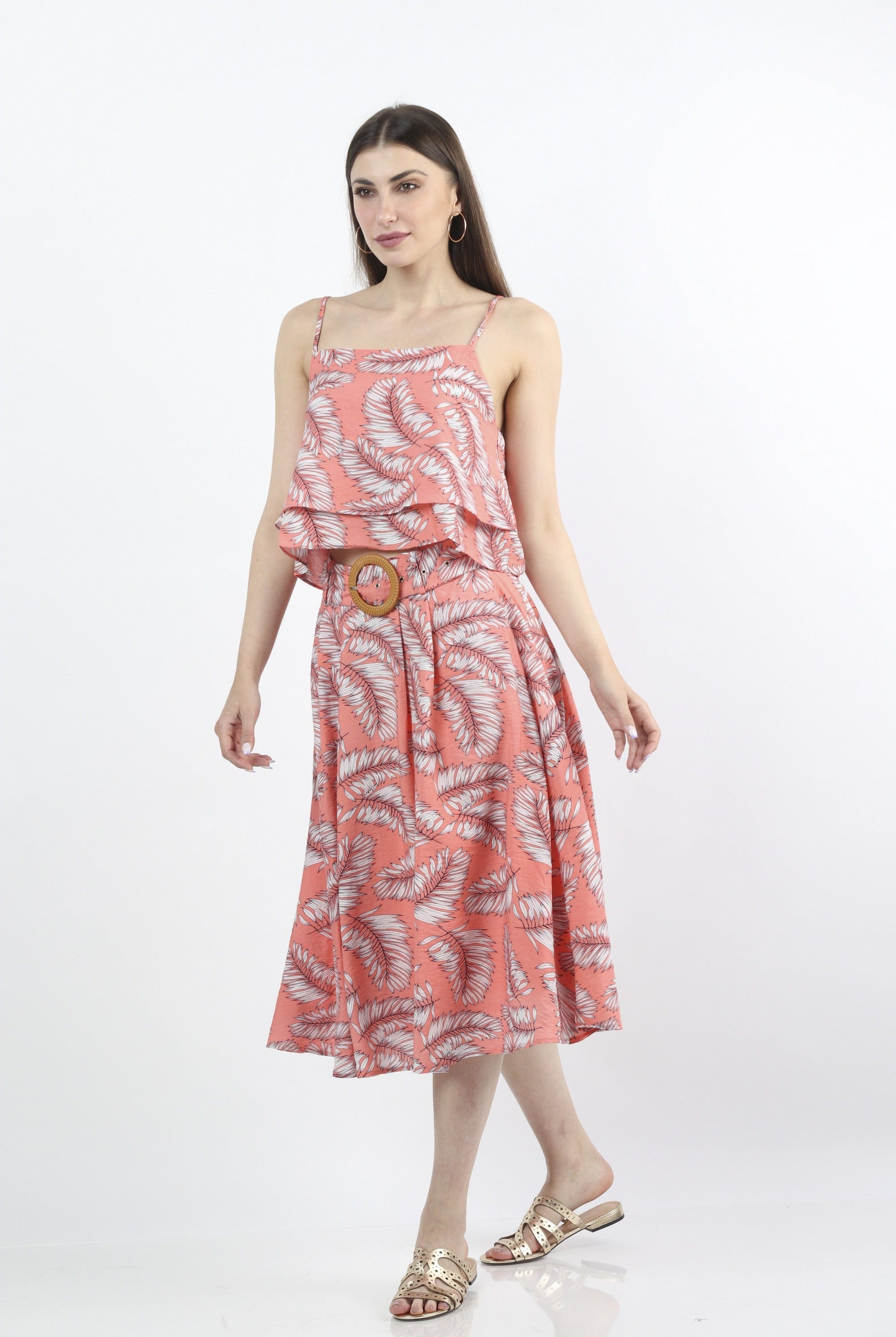 كيتشن تنورة ميدي مورد واسعة بكسرات بحزام عريض