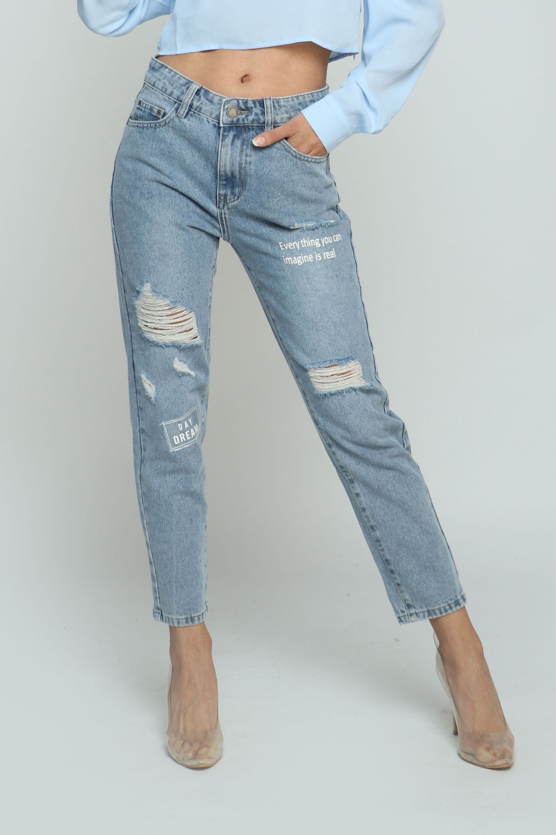 كيتشن بنطلون بوي فريند مقطع مع بادج طويل نسائي