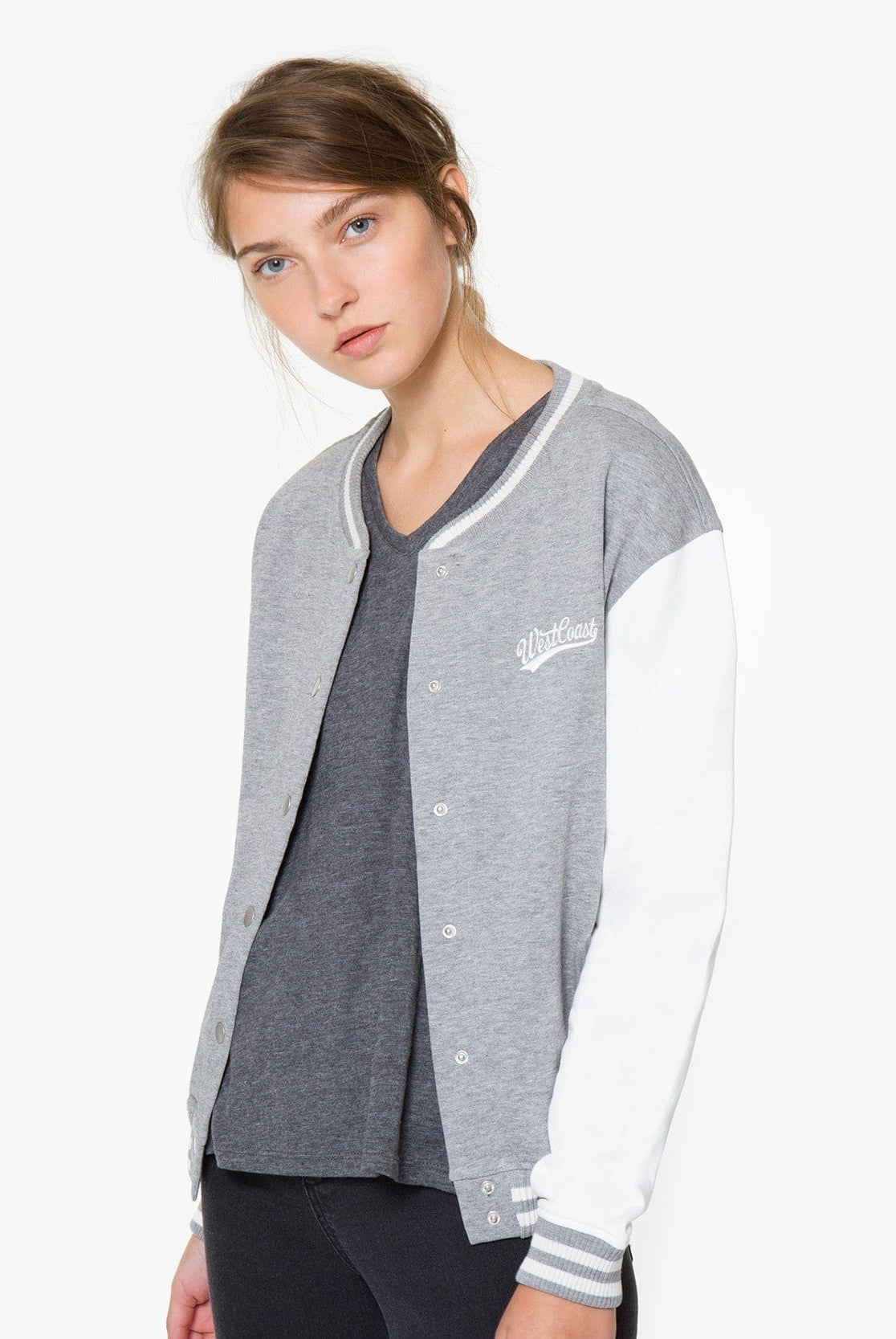 شانا جاكيت بيسبول رقبة دائرية بأكمام طويلة نسائي مزيج رمادي