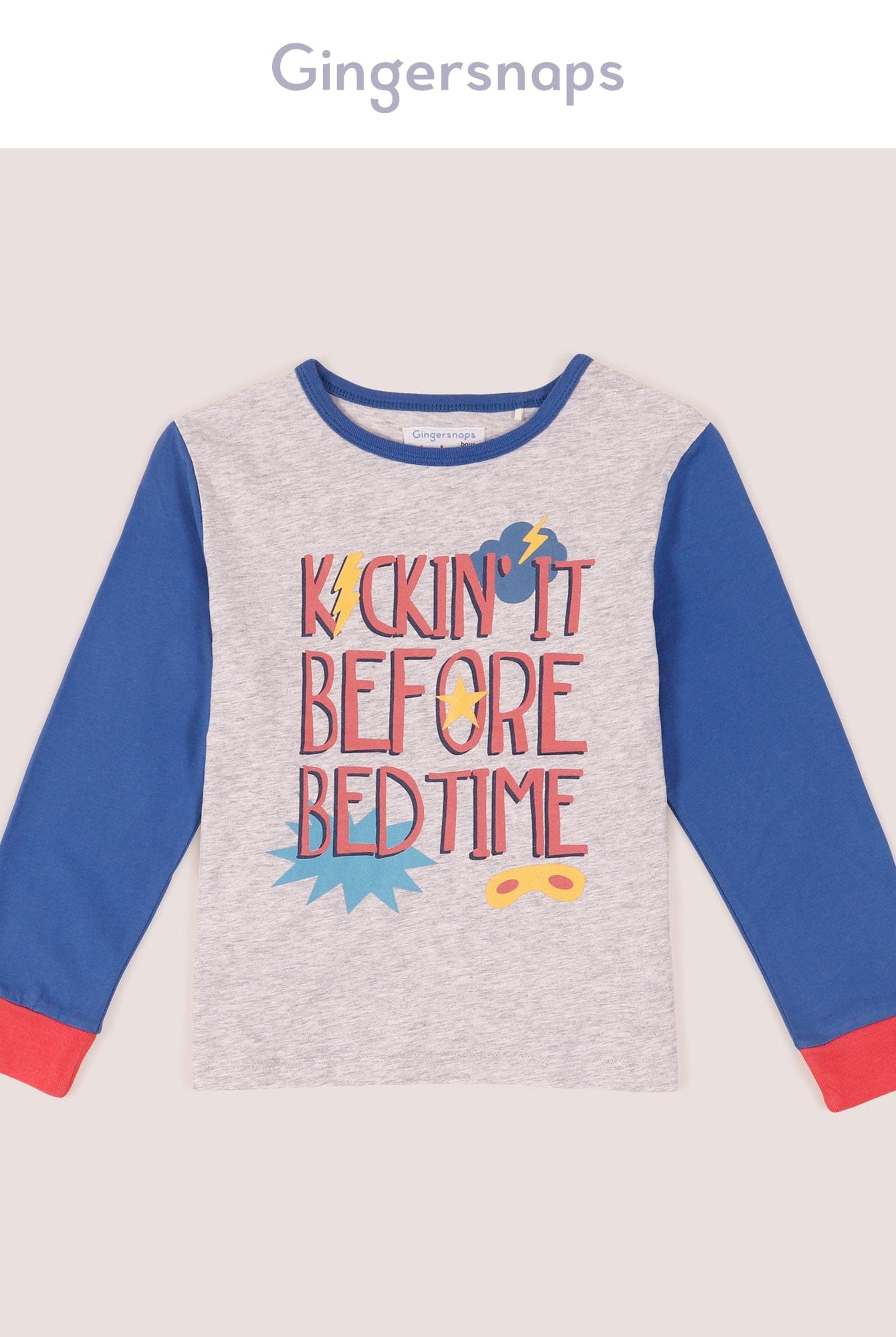 جينجرسنابس بلوزة بيجامة كم طويل بطبعة على البطن أولادي رمادي فاتح/أزرق فاتح