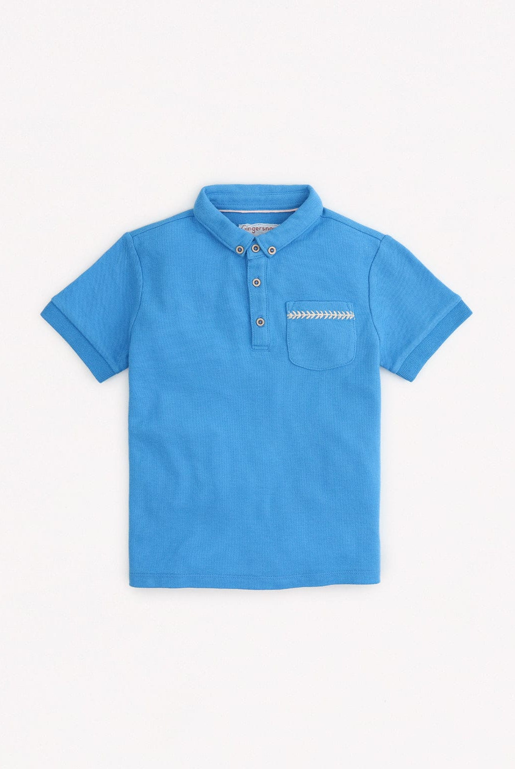 جينجرسنابس تي شيرت بولو ولادي سادة بجيب أمامي مطرز نص كم أزرق
