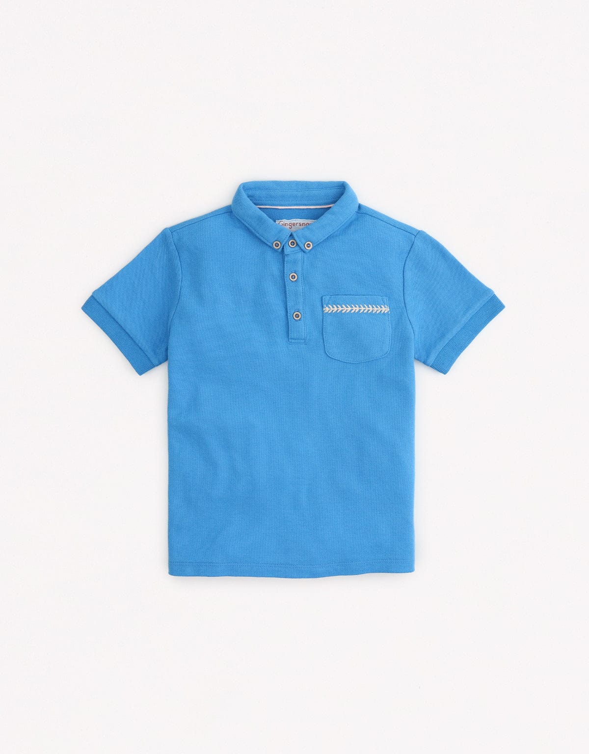 جينجرسنابس تي شيرت بولو ولادي سادة بجيب أمامي مطرز نص كم أزرق