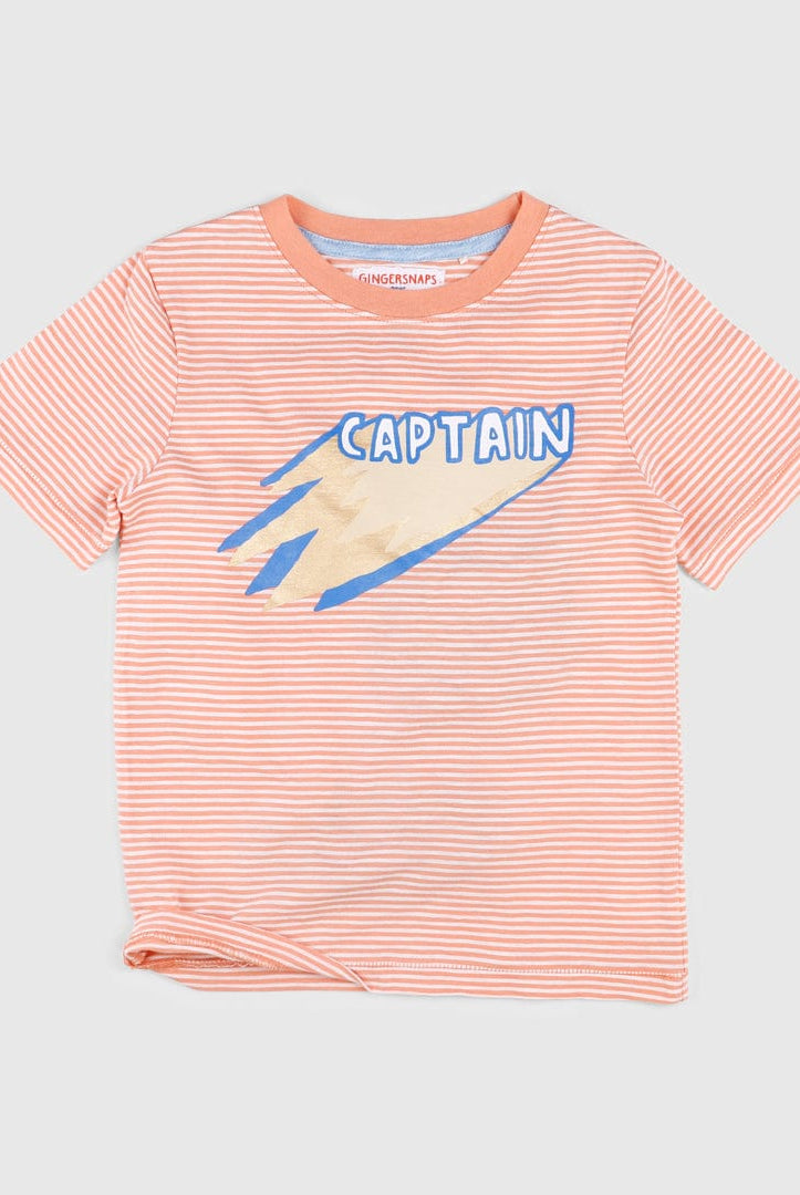 جينجرسنابس تيشيرت مخطط بالعرض مع طبعة أمامية نص كم ولادي برتقالي /توفو