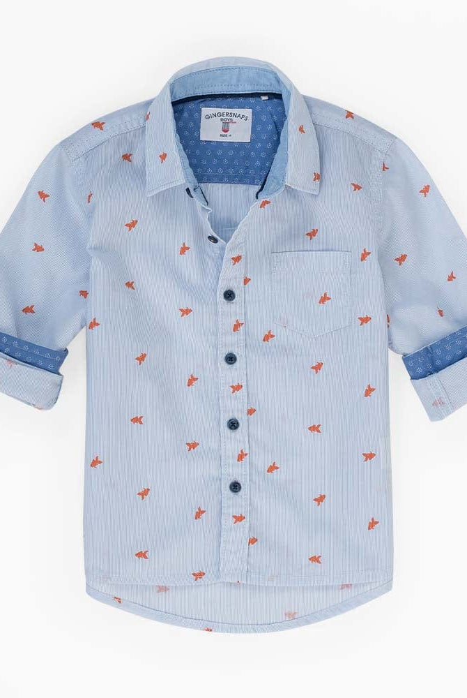 جينجرسنابس قميص بولو منسوج للأولاد منقوش بأزرار أمامية كم طويل أزرق فاتح