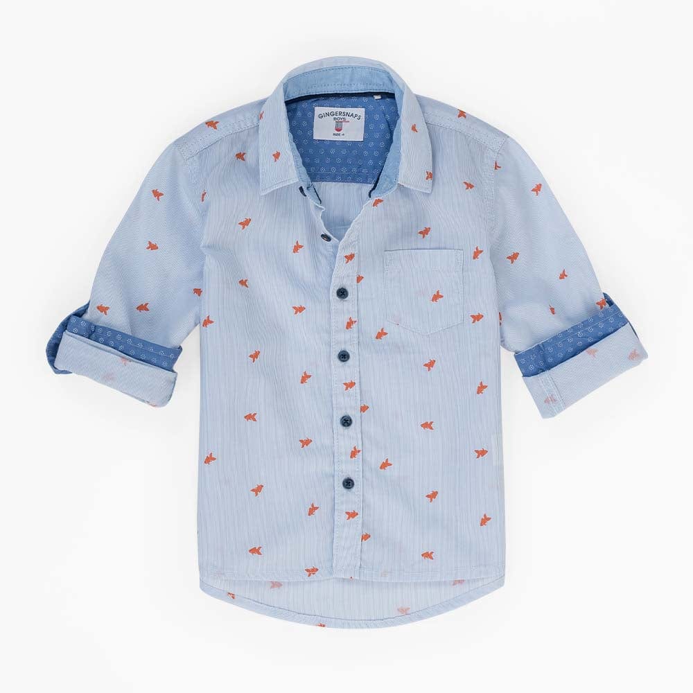 جينجرسنابس قميص بولو منسوج للأولاد منقوش بأزرار أمامية كم طويل أزرق فاتح
