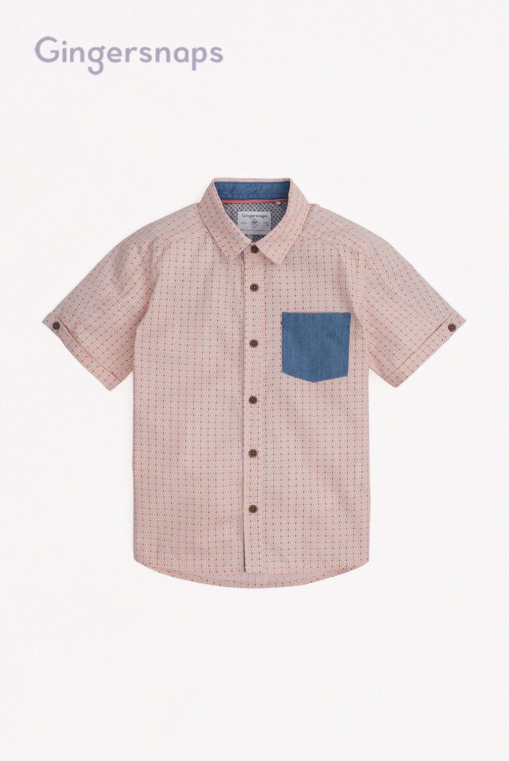 جينجرسنابس قميص مربعات بأزرار أمامية وجيب على الصدر نص كم ولادي البرتقالي