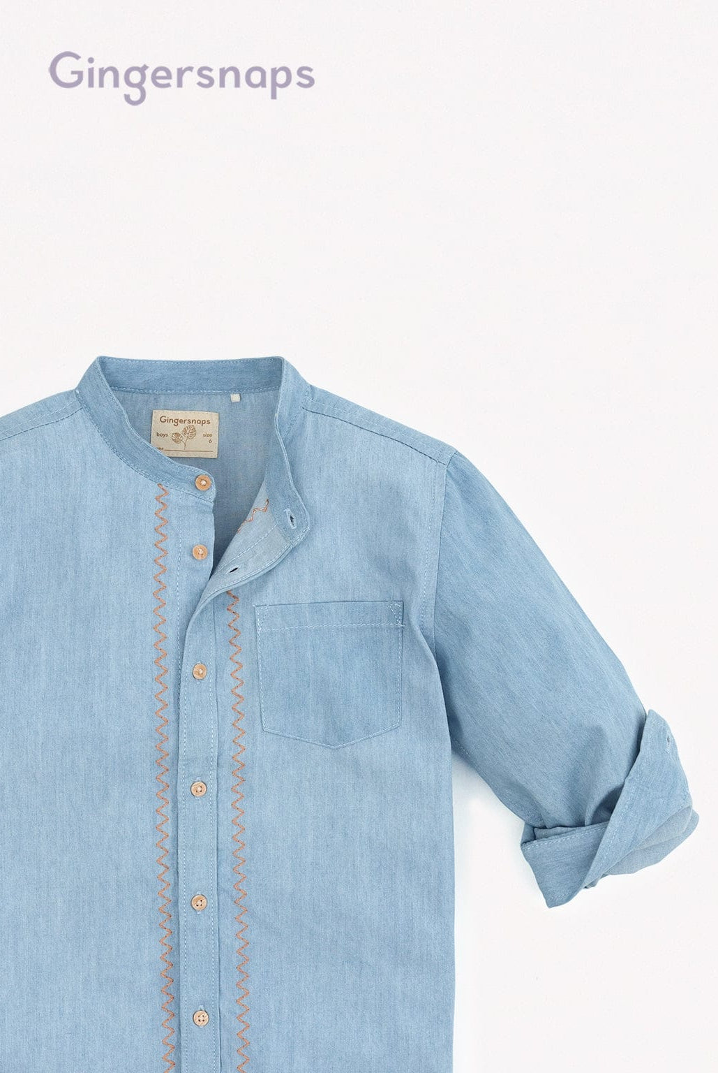 جينجرسنابس قميص جينز أولادي نص ياقة مطرز أزرق فاتح