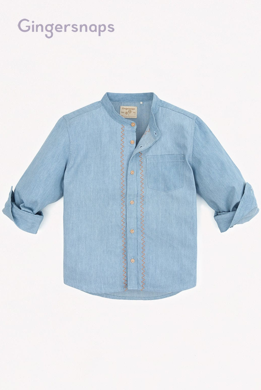 جينجرسنابس قميص جينز أولادي نص ياقة مطرز أزرق فاتح