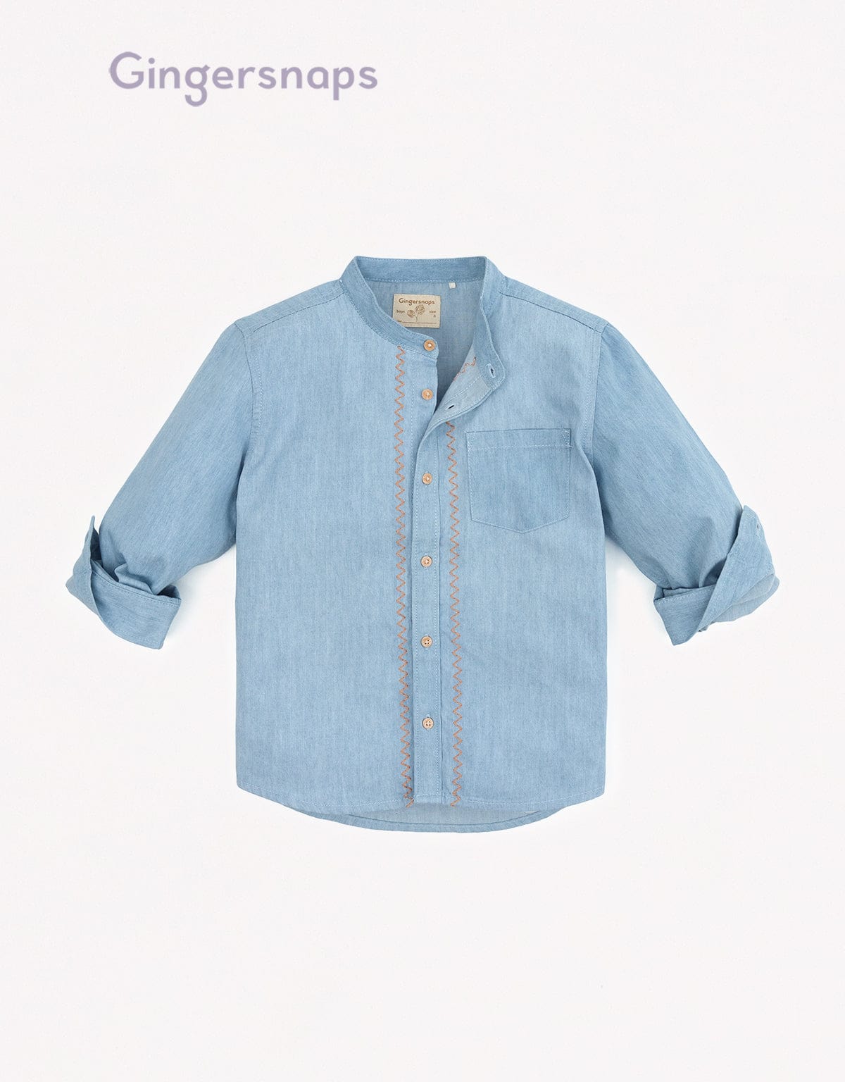 جينجرسنابس قميص جينز أولادي نص ياقة مطرز أزرق فاتح