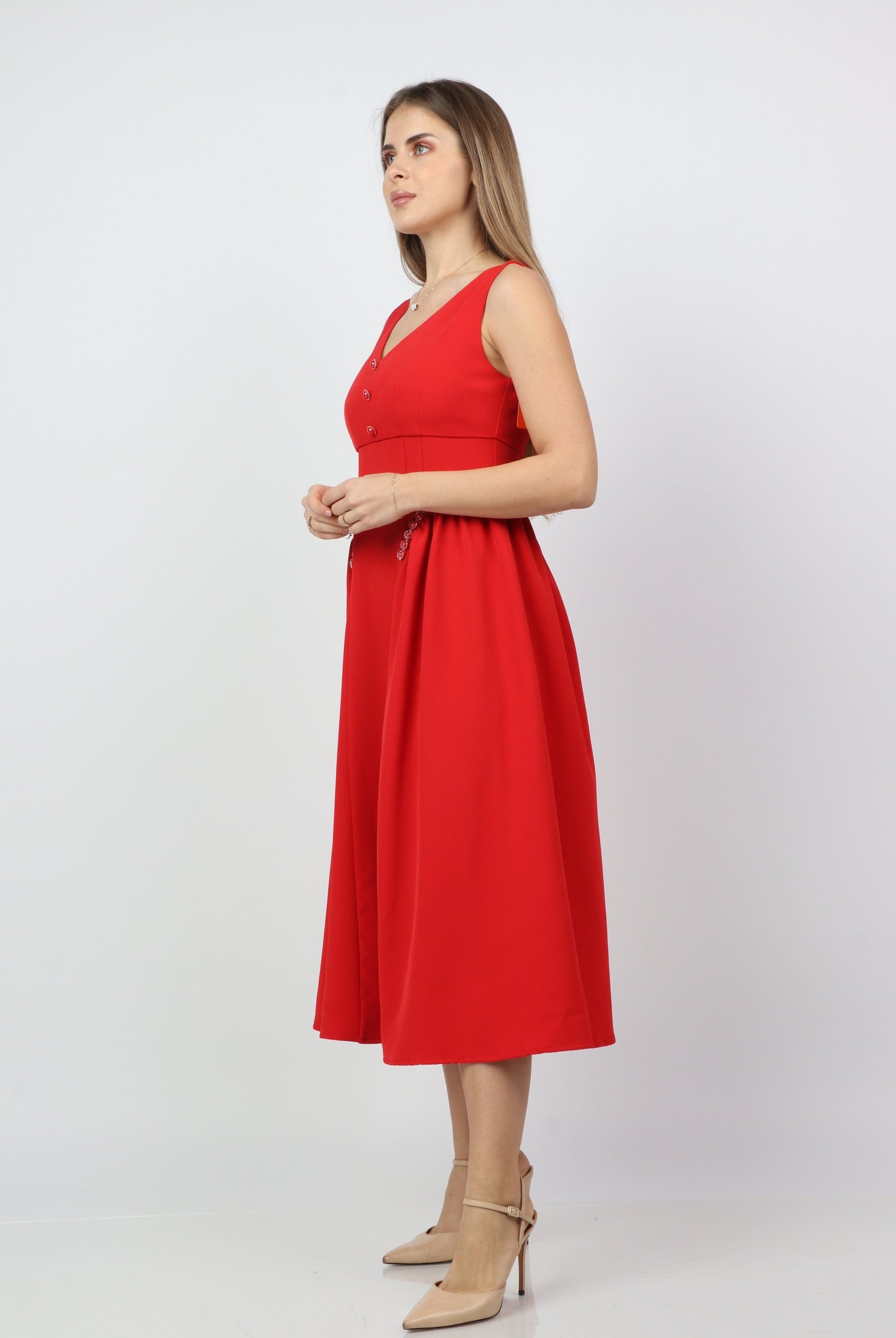 نتشي فستان ميدي مطرز من الخصر مزين بأزرار أمامية بدون كم