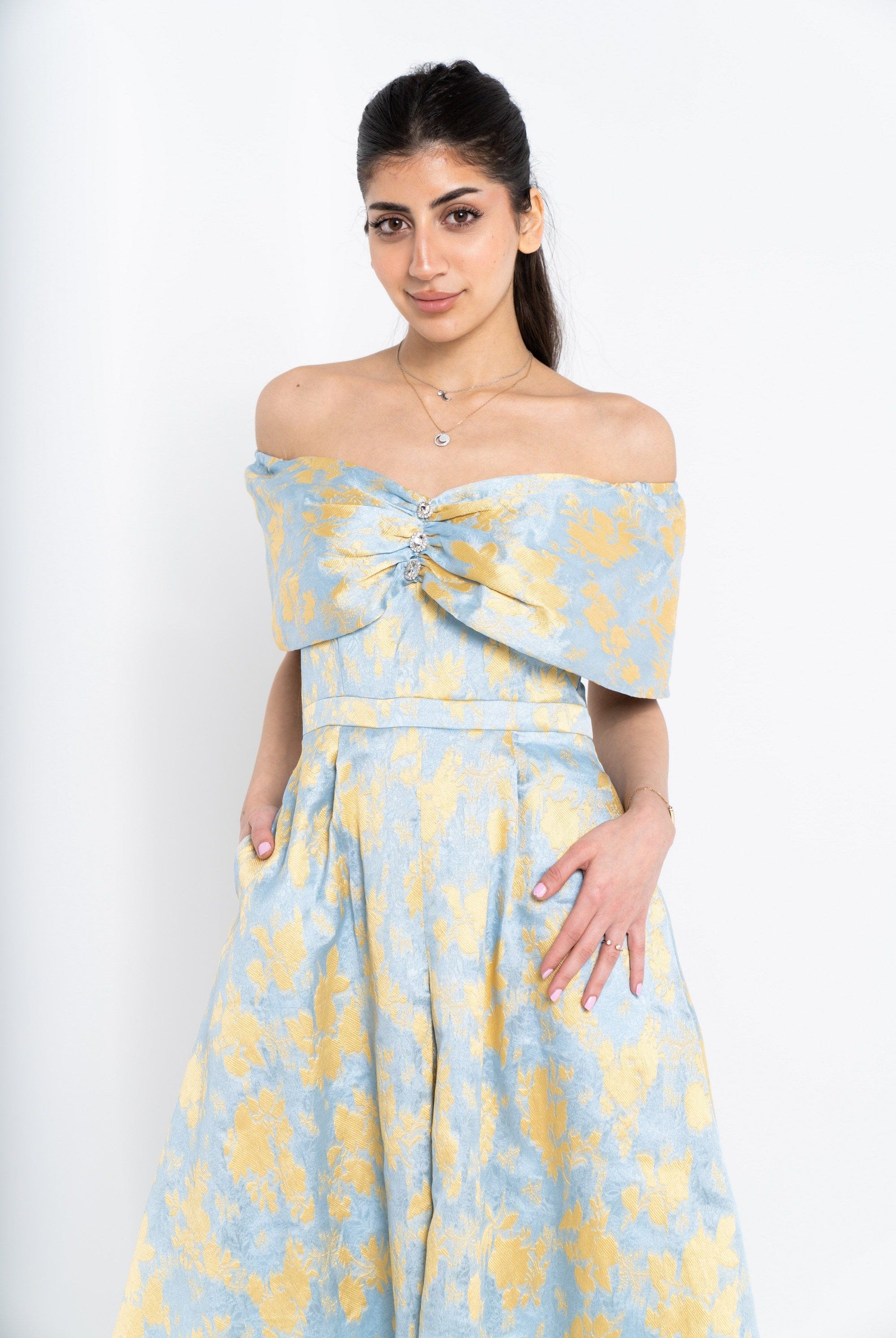 نتشي فستان مشجر أوف شولدر كم قصير نسائي