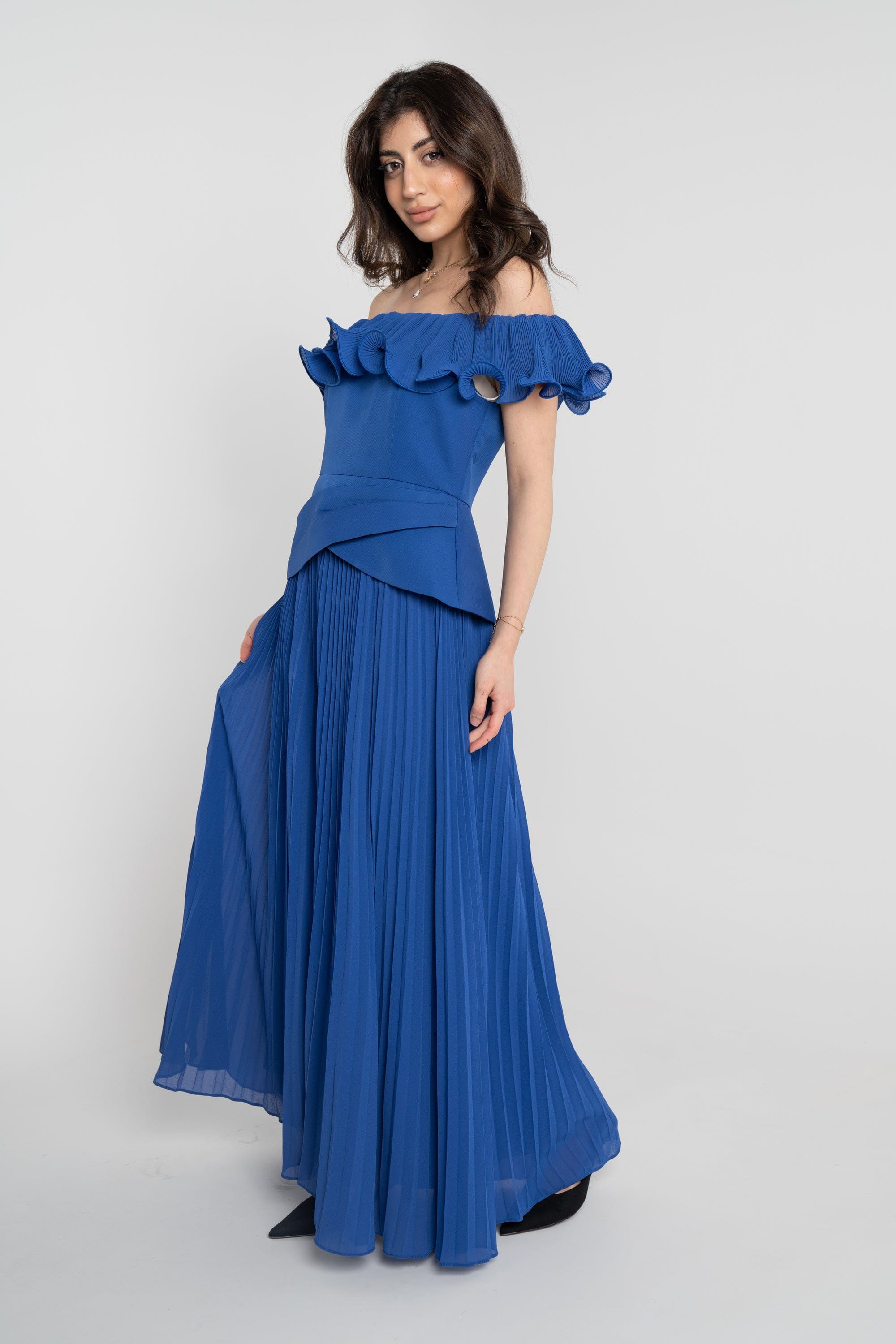 نتشي فستان ميدي سواريه أوف شولدر بليسيه من أسفل نسائي