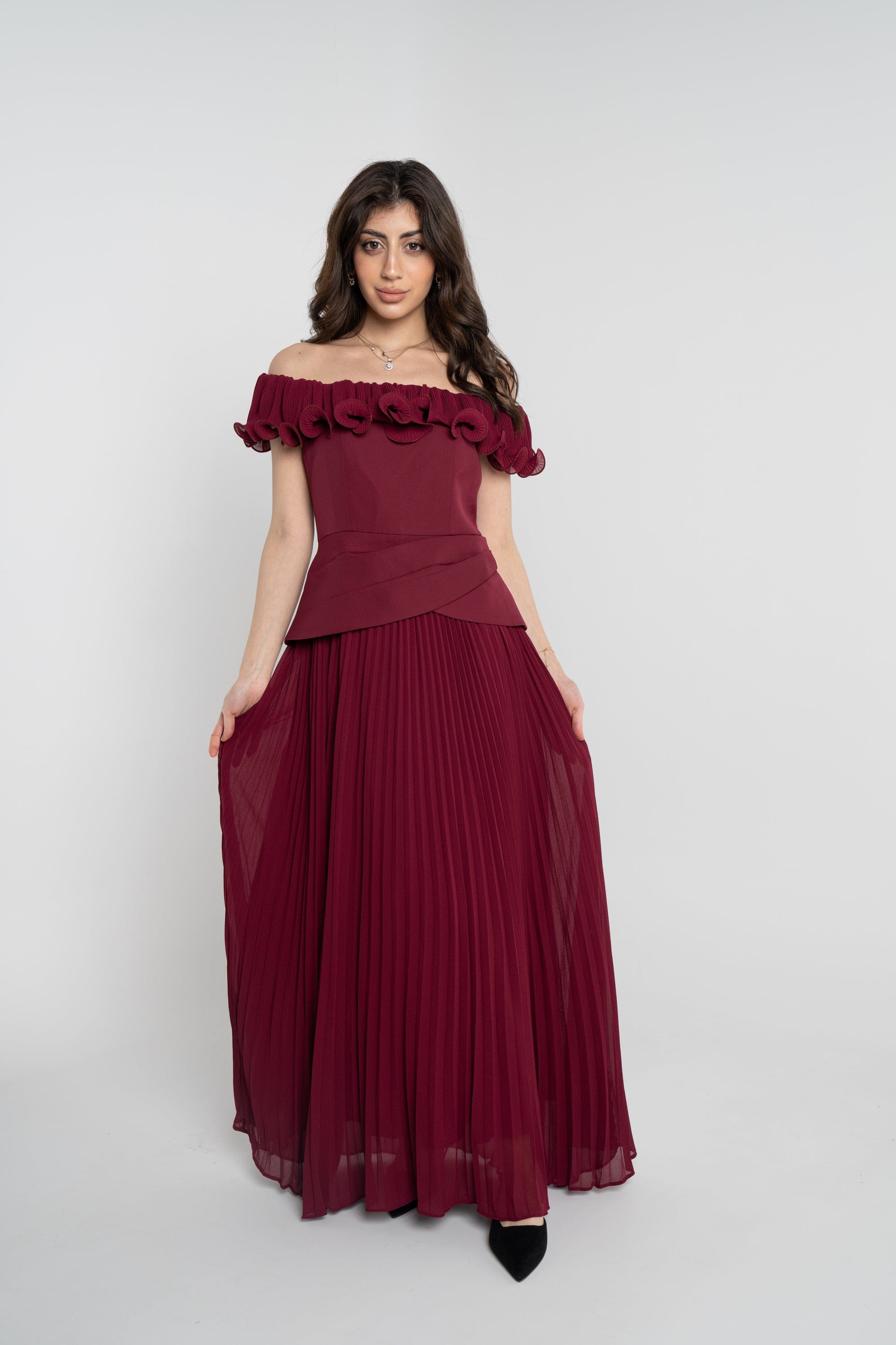 نتشي فستان ميدي سواريه أوف شولدر بليسيه من أسفل نسائي