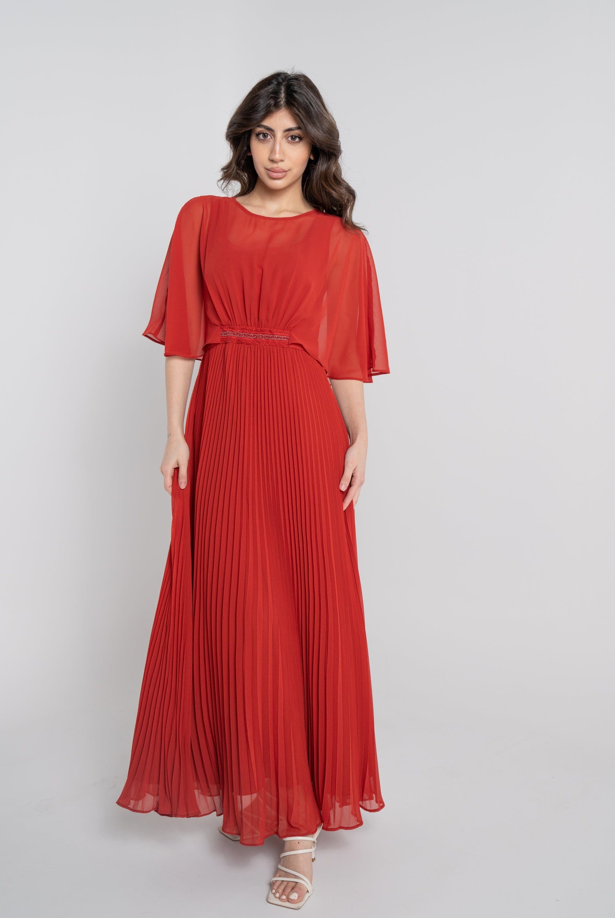 نتشي فستان طويل سادة بليسية مخصر نص كم مفتوح نسائي