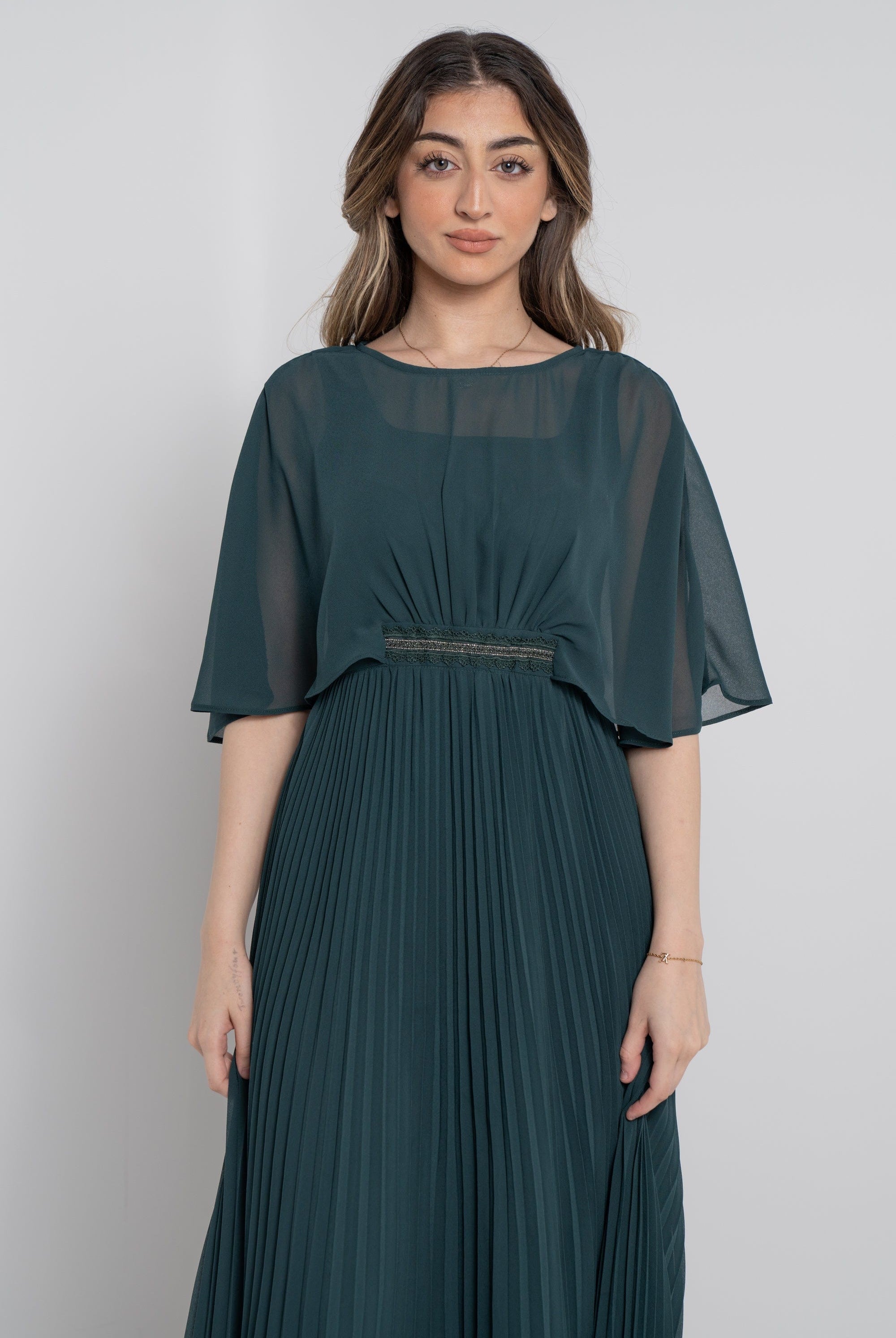 نتشي فستان طويل سادة بليسية مخصر نص كم مفتوح نسائي