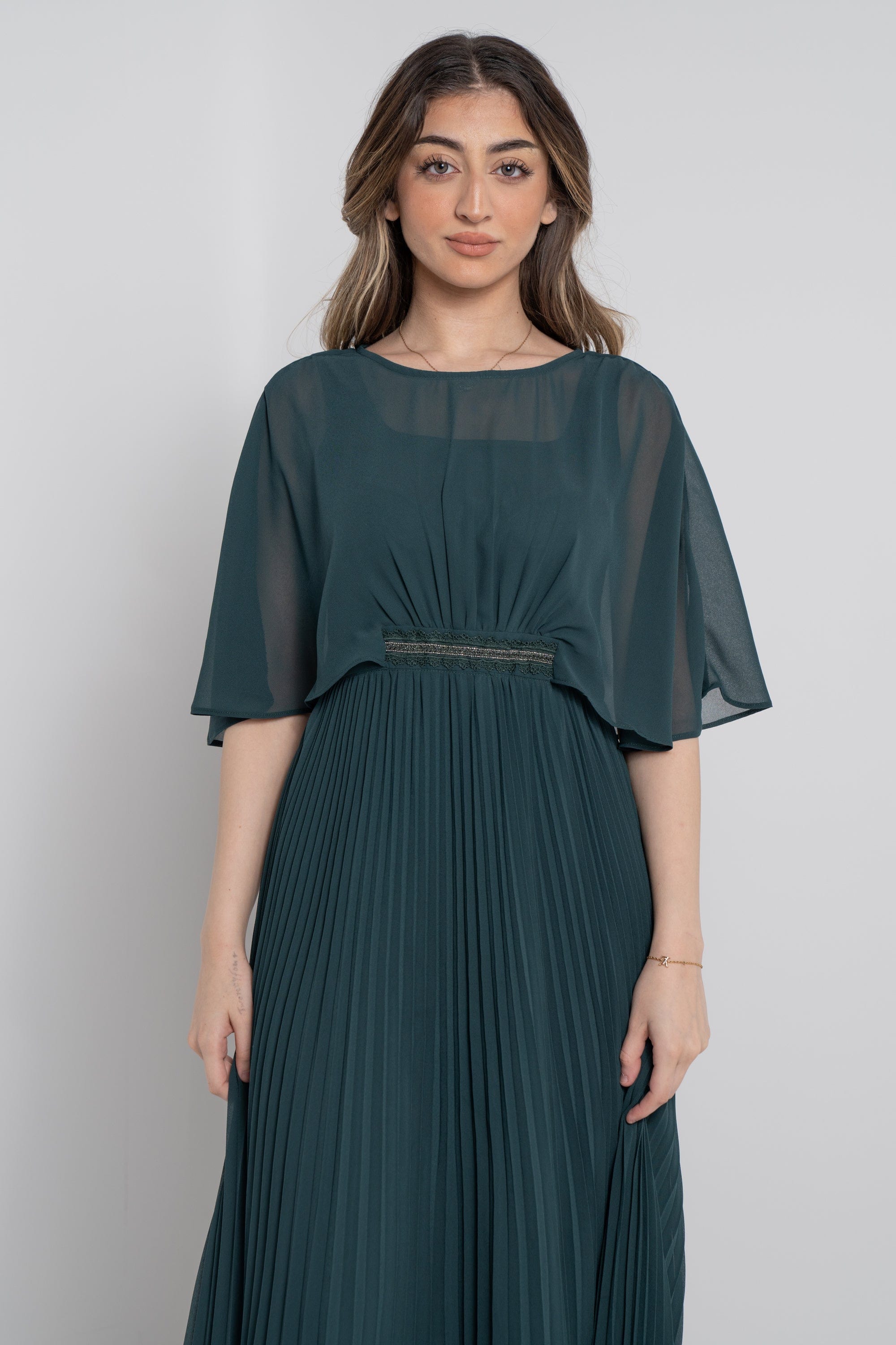 نتشي فستان طويل سادة بليسية مخصر نص كم مفتوح نسائي