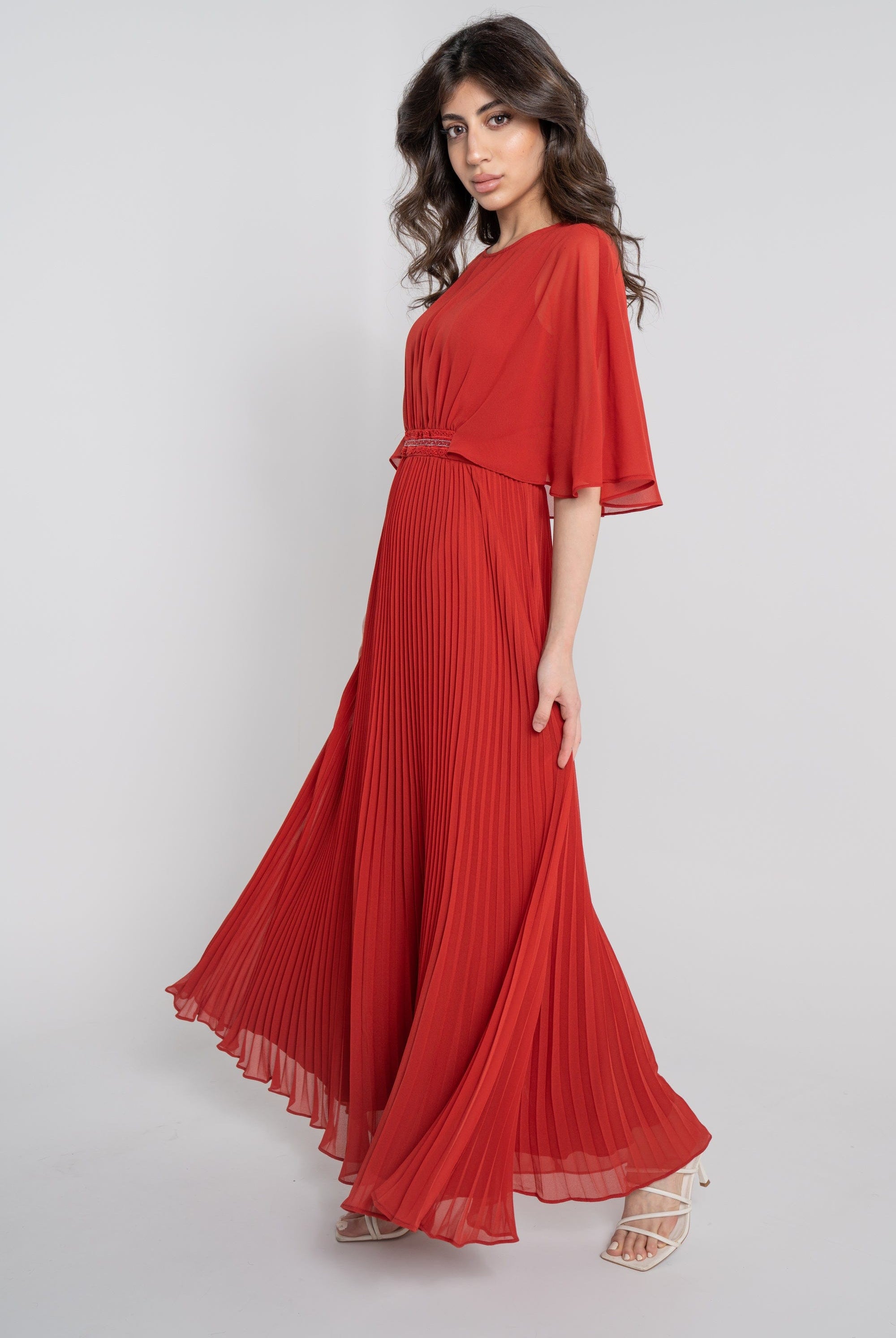 نتشي فستان طويل سادة بليسية مخصر نص كم مفتوح نسائي