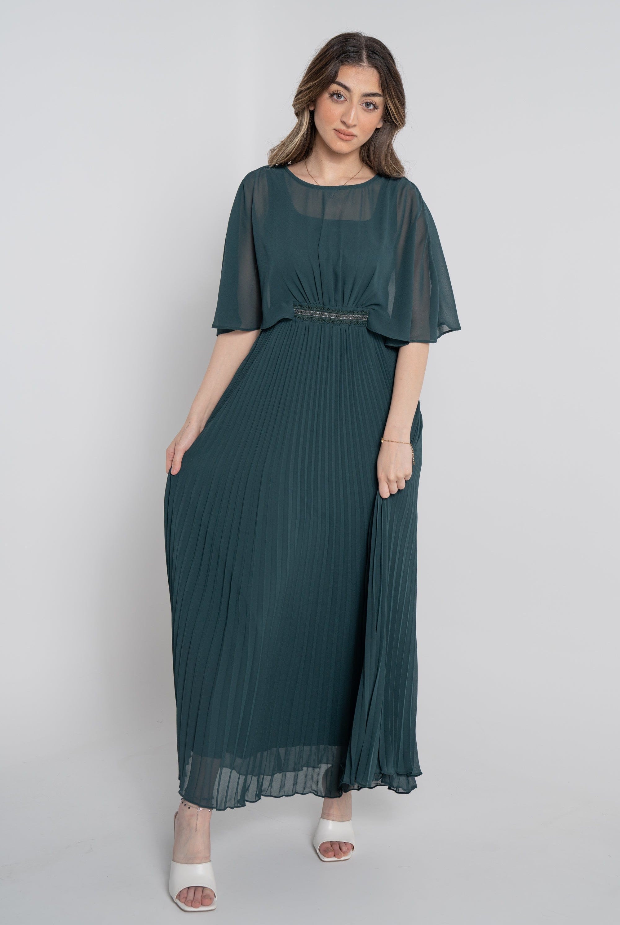 نتشي فستان طويل سادة بليسية مخصر نص كم مفتوح نسائي